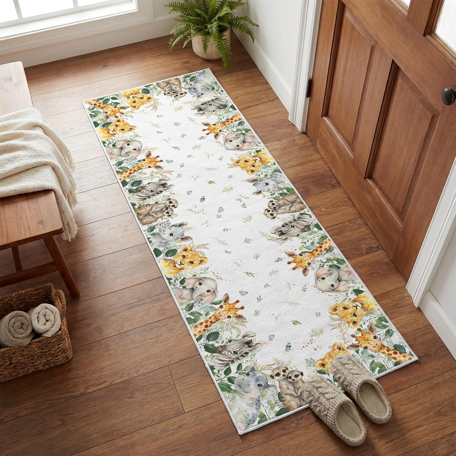 Artoid Mode Animals Elephant Giraffe Baby Shower Area Rug, Spring Birthday Home Decor Low-Profile Non-Slip Washable Runner Rug for Entryway Bedroom