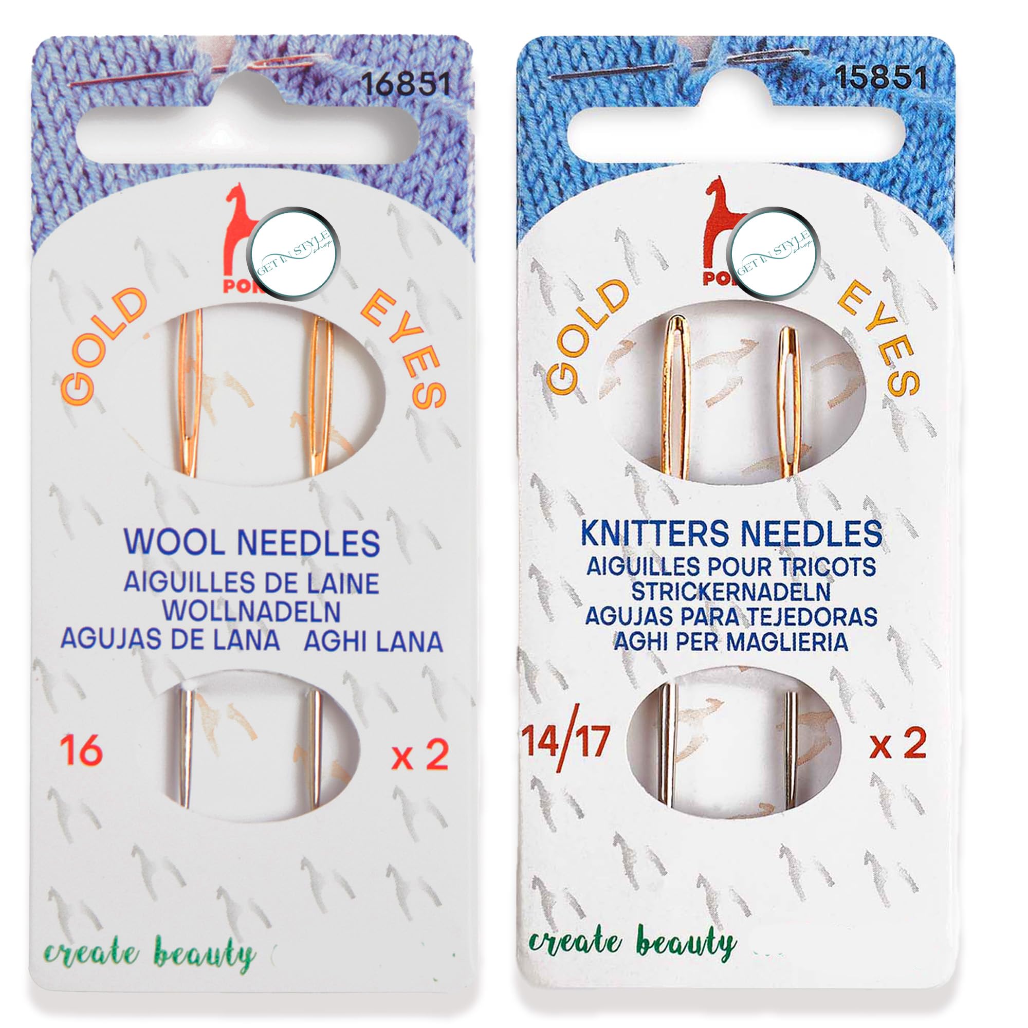 4X Gold Eye Sewing Needles for Knitters, Pony Size 14, 16, 17, for Use with Wool, Yarns and Thicker Threads – Bundled by GetInStyle Shop