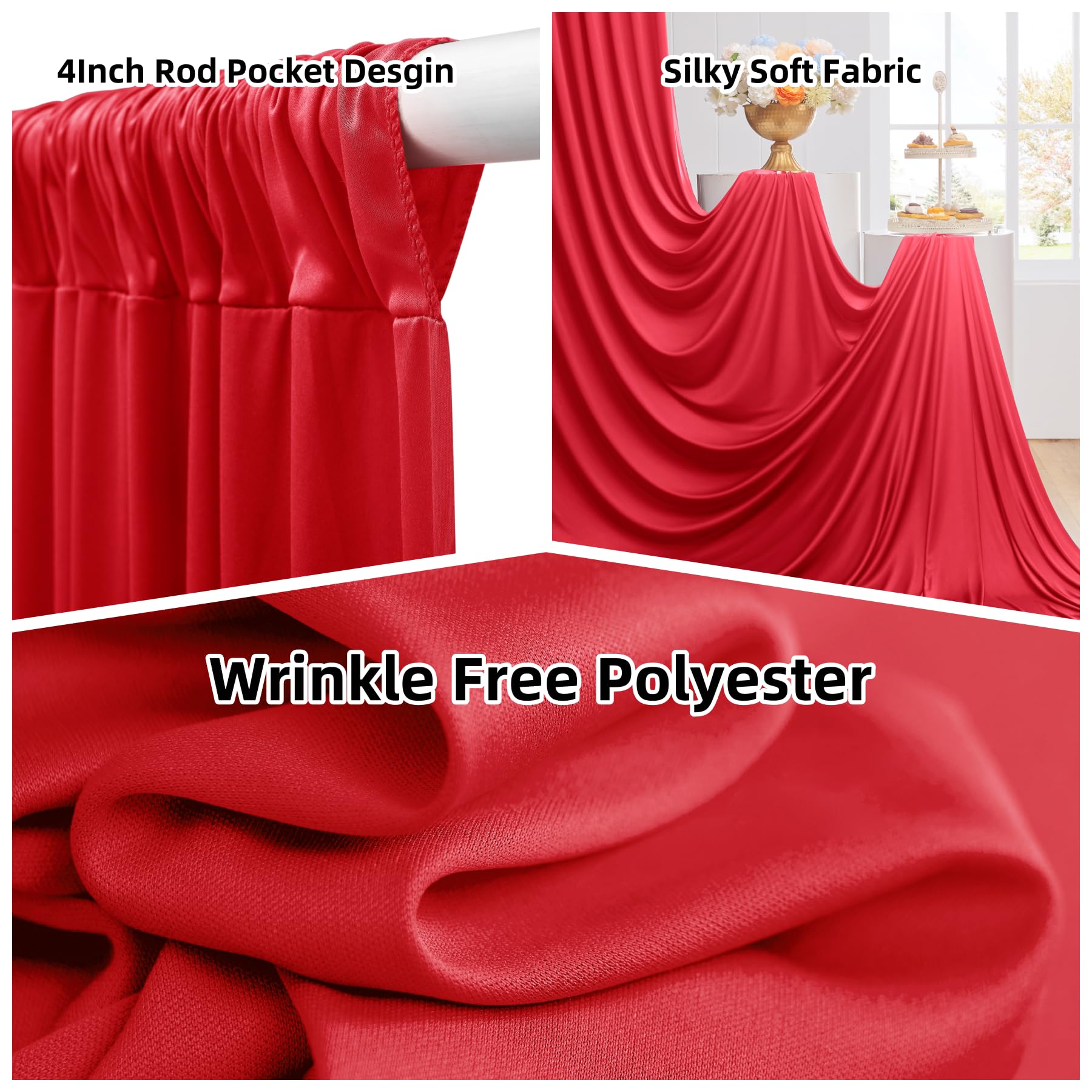 Lot de 4 rideaux de plafond infroissables en tissu pour cérémonie de mariage, fête d'anniversaire avec passe-tringle, 6,1 x 6,1 m, rouge