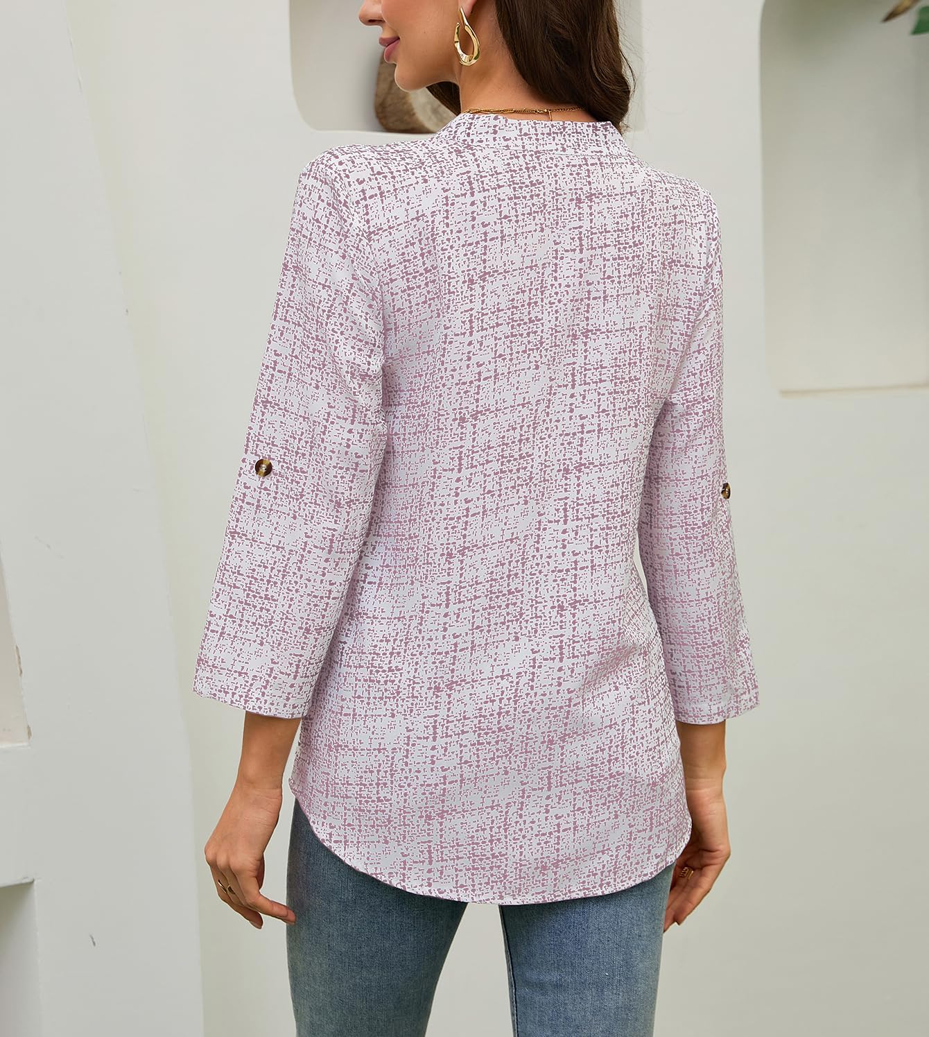 Women's Casual V-Neck Shirt Long Sleeve Button Work Tops Business Casual Summer Floral Tops - Image 2