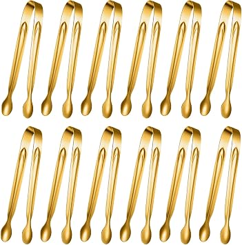 Gejoy 12 Pieces Mini Tongs Stainless Steel Small Sugar Serving Tongs for Charcuterie Board Appetizers Dessert Serving Food Tiny Party Danish Candy6 Inch,Gold
