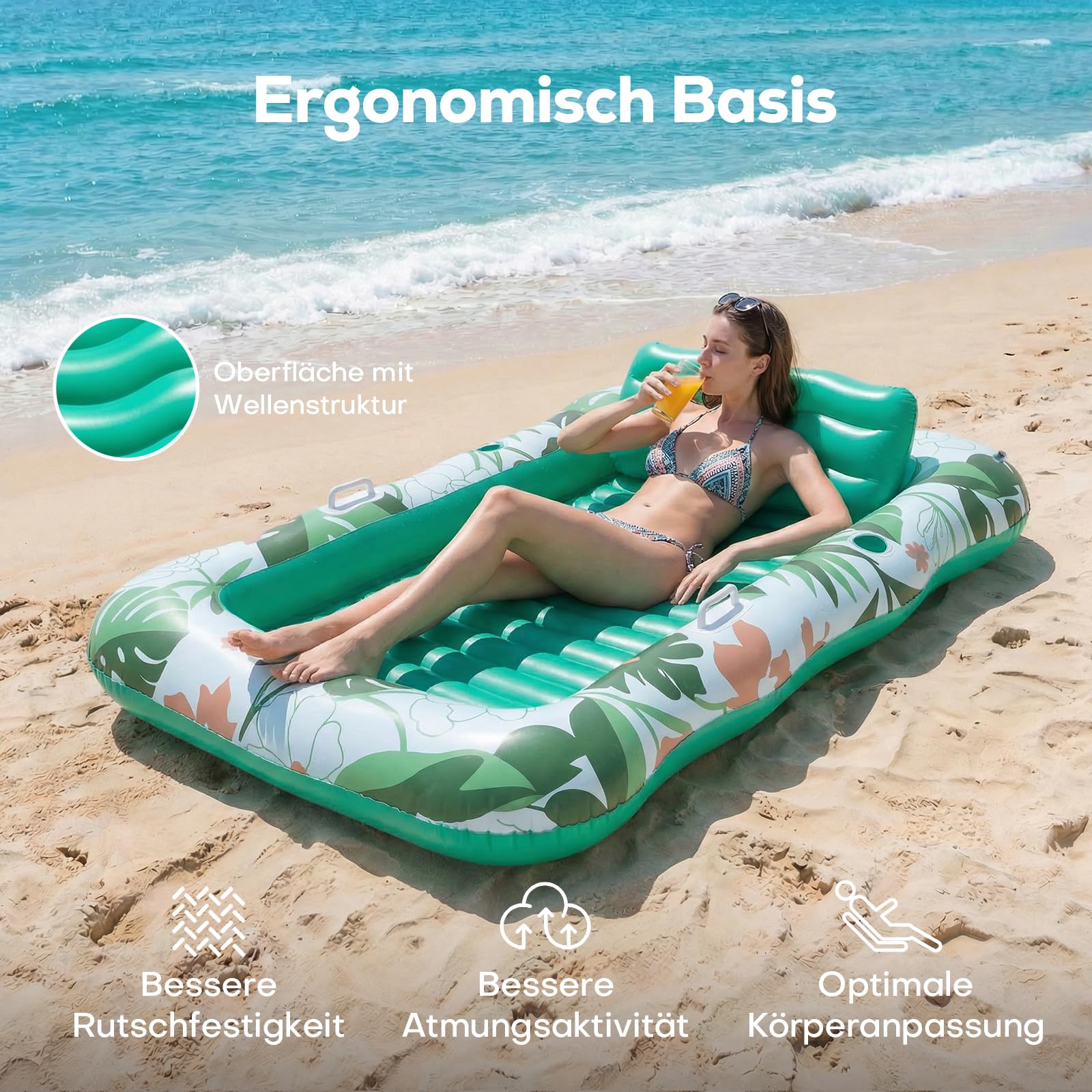 SOLAVERO Aufblasbare Tanning Pool 190x130 cm, Große Luftmatratze Pool für Erwachsene, Wassermatratze Sonnenpool mit Abnehmbarem Kopfkissen, Getränkehalter & Griff, Schwimmbett für Garten, Sommerspaß