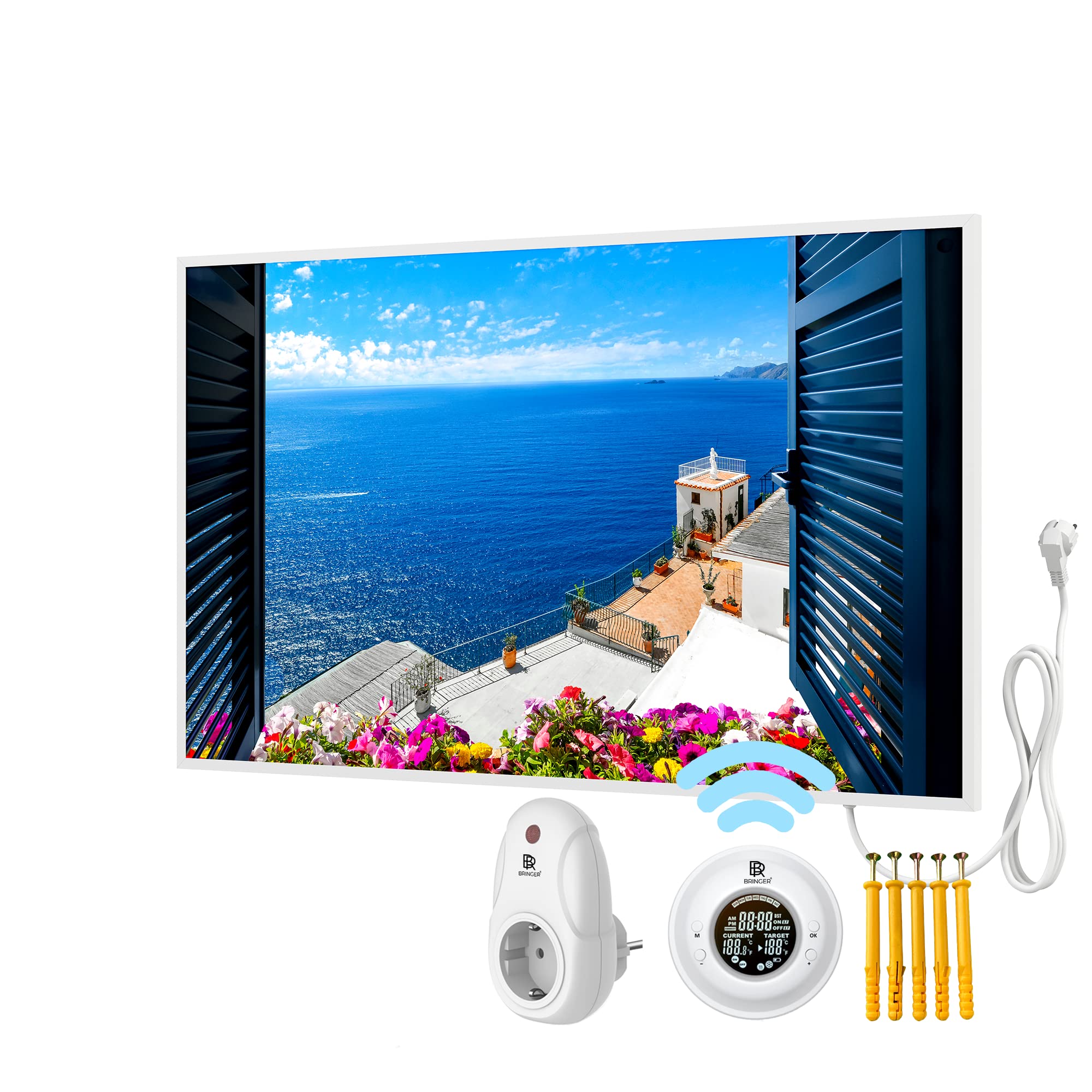 BR Bringer Bild Infrarotheizung mit Rahmen 800 Watt & Thermostat mit Fernbedienung - Bildheizung mit UV Druck - 100x60x1,8cm - Sorrento, Italien