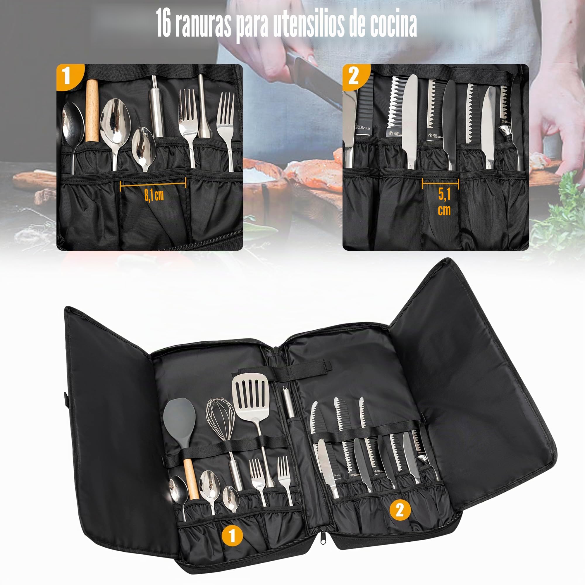 Funda para Cuchillos de Cocina, 16 Compartimentos | Portátil y Profesional con Asa y Correa de Hombro, 53 x 25 x 6 cm, Negra