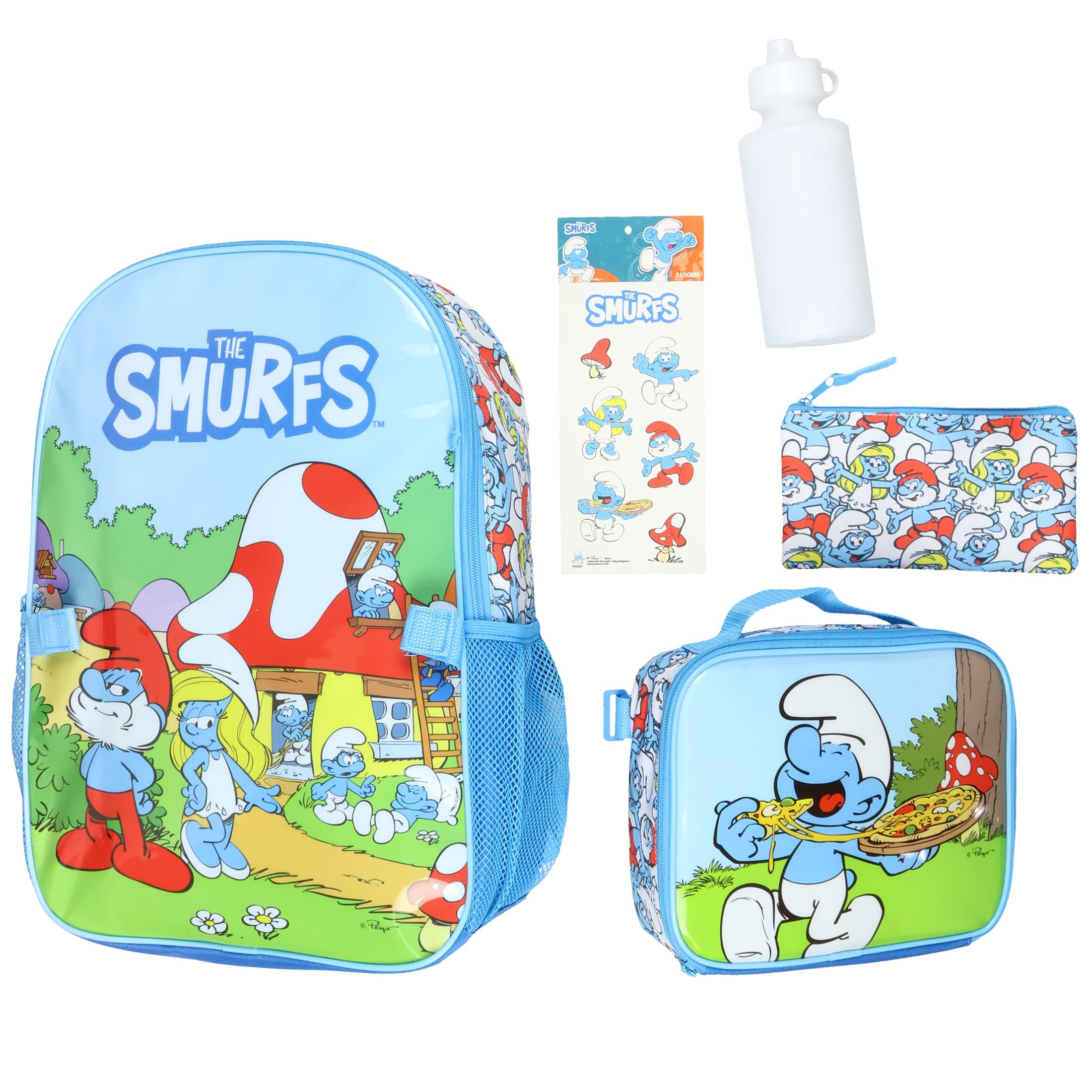 INTIMO The Smurfs Backpack 5-Piece Mega Set Travel Daypack Bag with Lunch Box Pencil Case Water Bottle and Stickers 16"