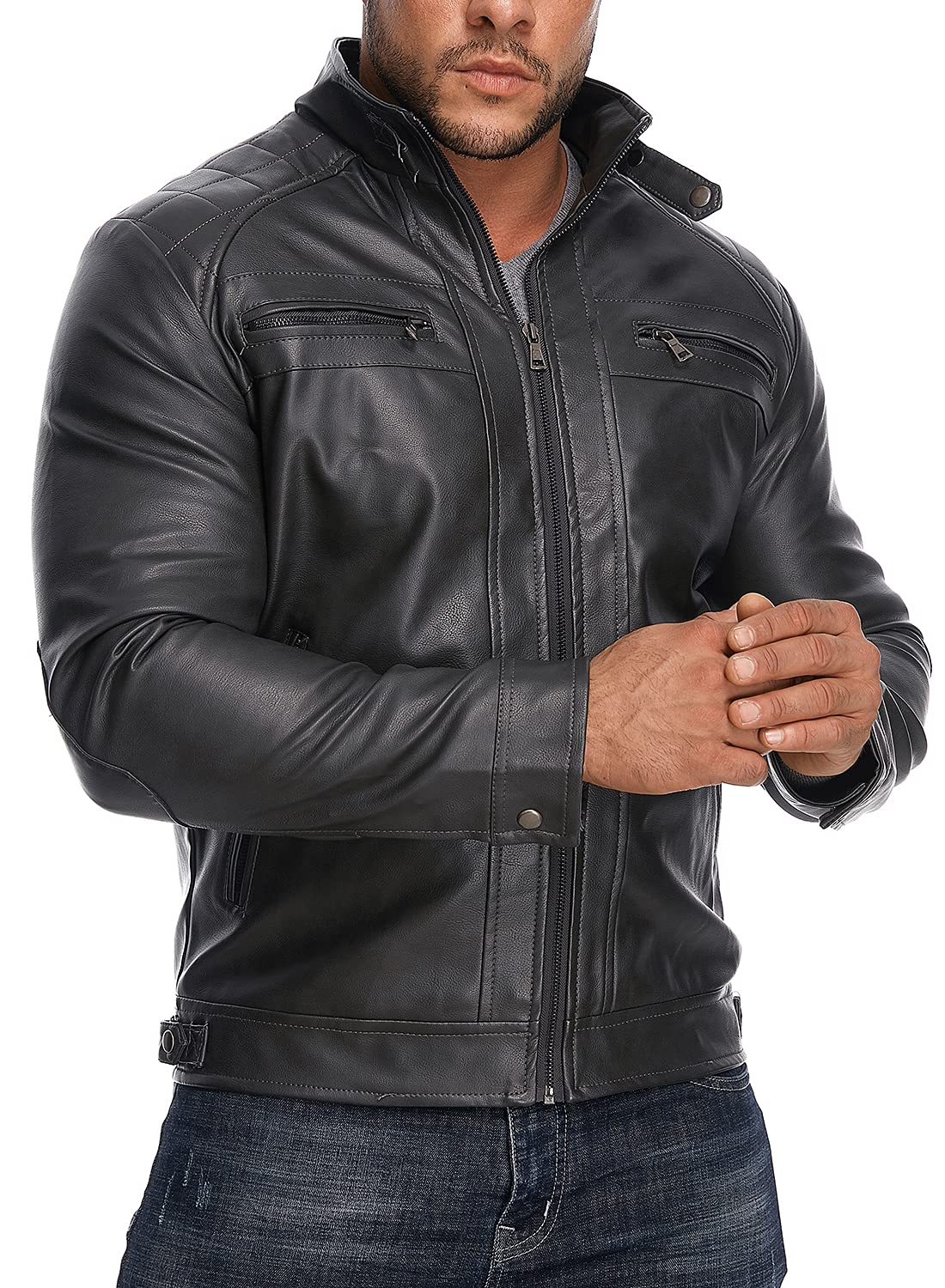 HOOD CREW Men’s Stand Collar Leather Jacket Casual Faux Leather Motorcycle Jacket Outerwear Coat with Zipper Pockets