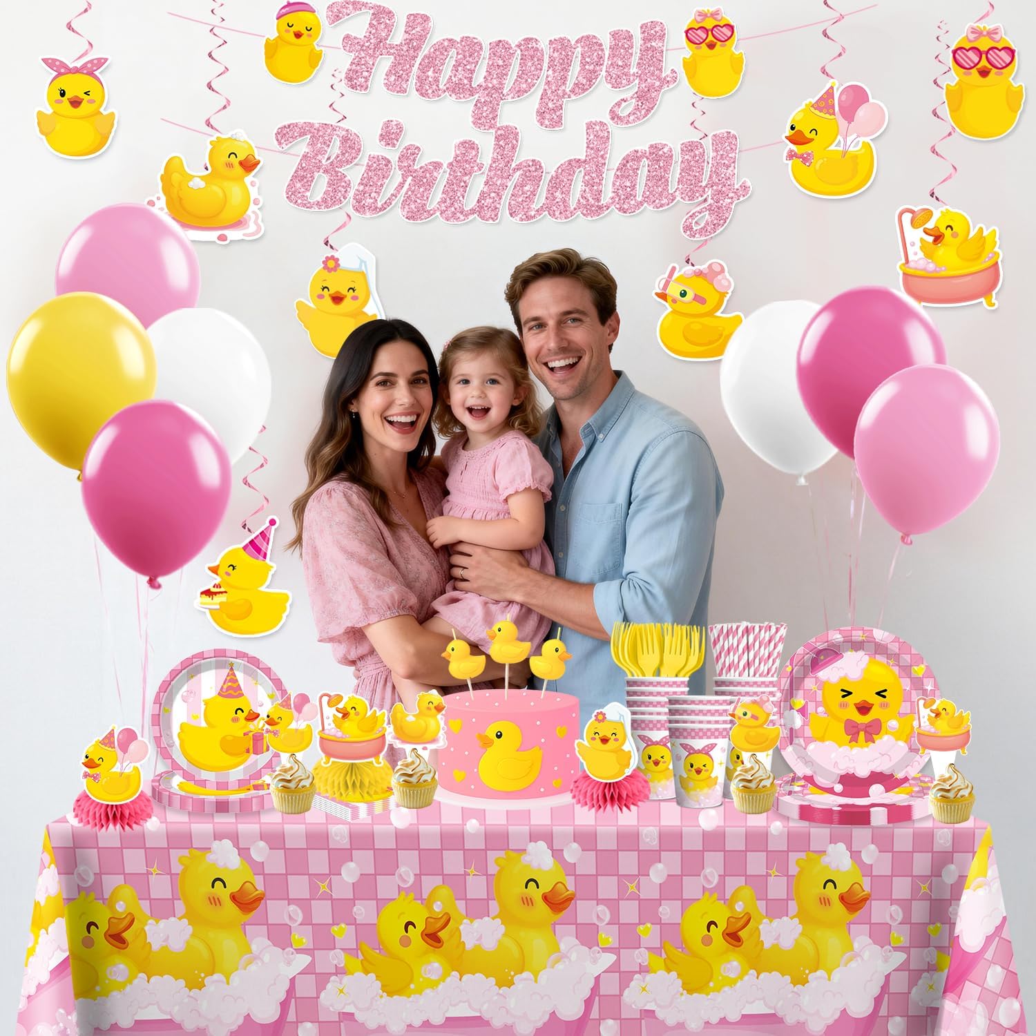 215PCS Pink Duck Birthday Decorations Tableware Set, 25 Serves Disposable Plates and Napkins Set, with Candles, Centerpieces, Banner, Tablecloth, forDuck Party Decorations