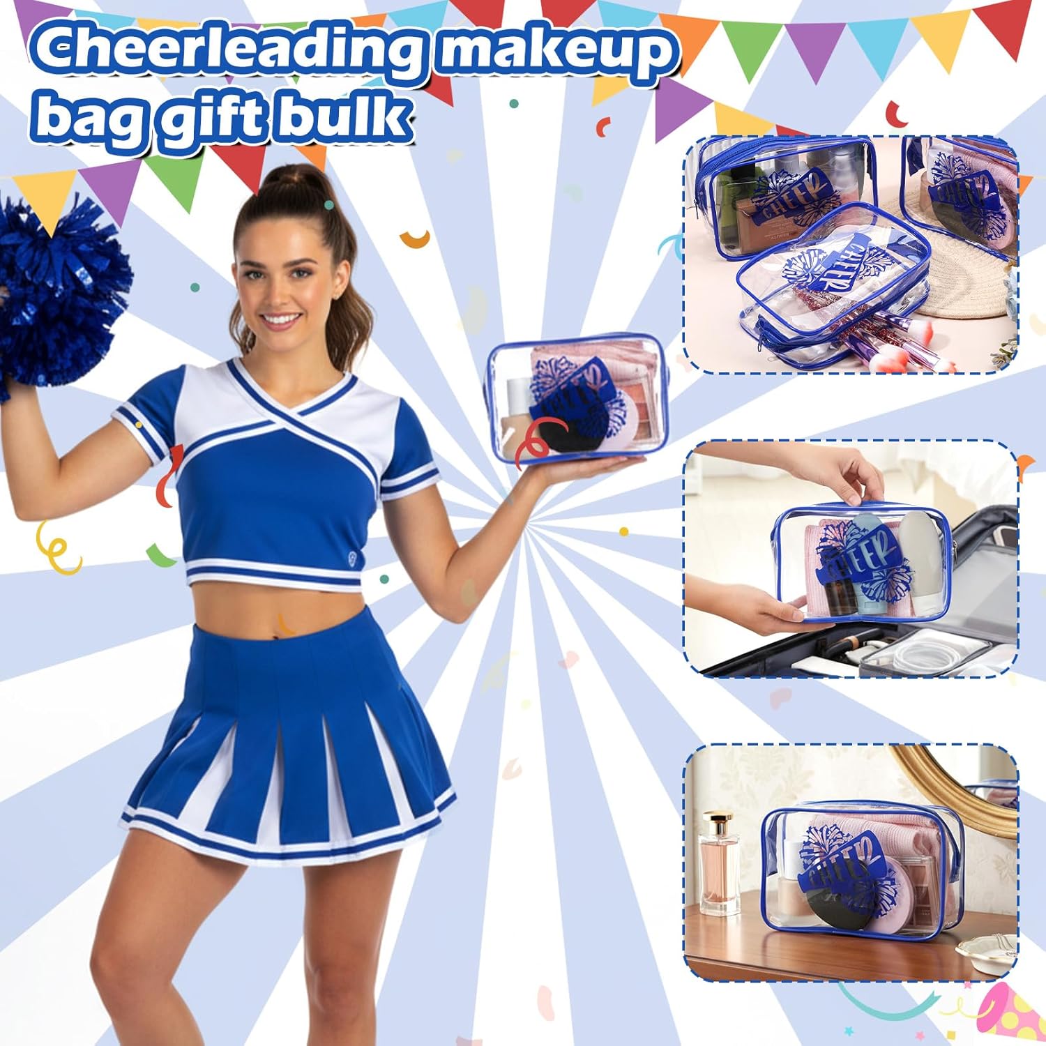 12 Pcs Cheer Makeup Bag Clear, Cheer Gifts Bulk for Team 7 x 4.7 x 2.4'' Cosmetic Bag Cheerleader PVC Makeup Case Clear Toiletry Zipper Pouch for Cheerleading Teammates Party Supplies, Blue - Image 6
