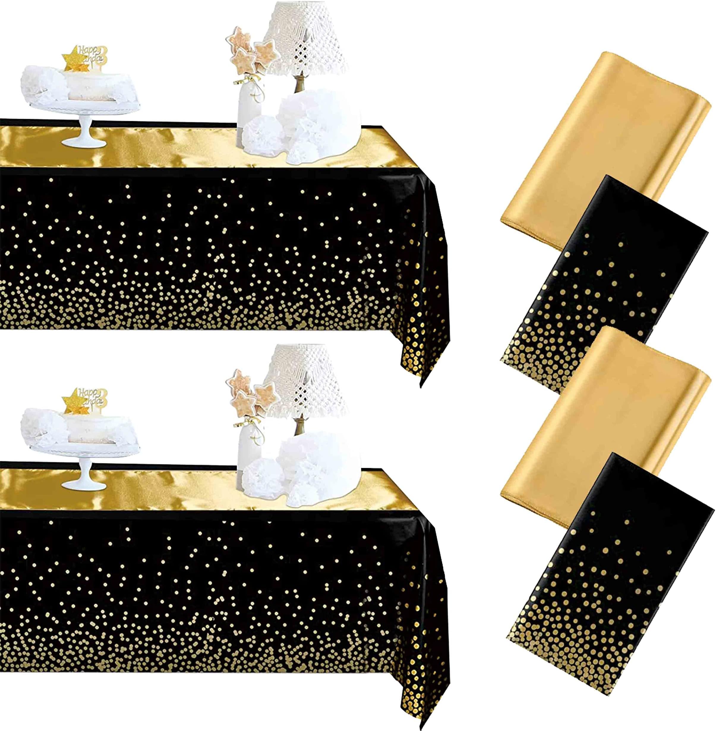 4 Pack Black Gold Tablecloth Plastic Rectangle Tablecloths 54" x 108" Satin Table Runner 12" x 108" Waterproof Disposable Table Covers for Parties Birthdays Wedding Thanksgiving Christmas Anniversary