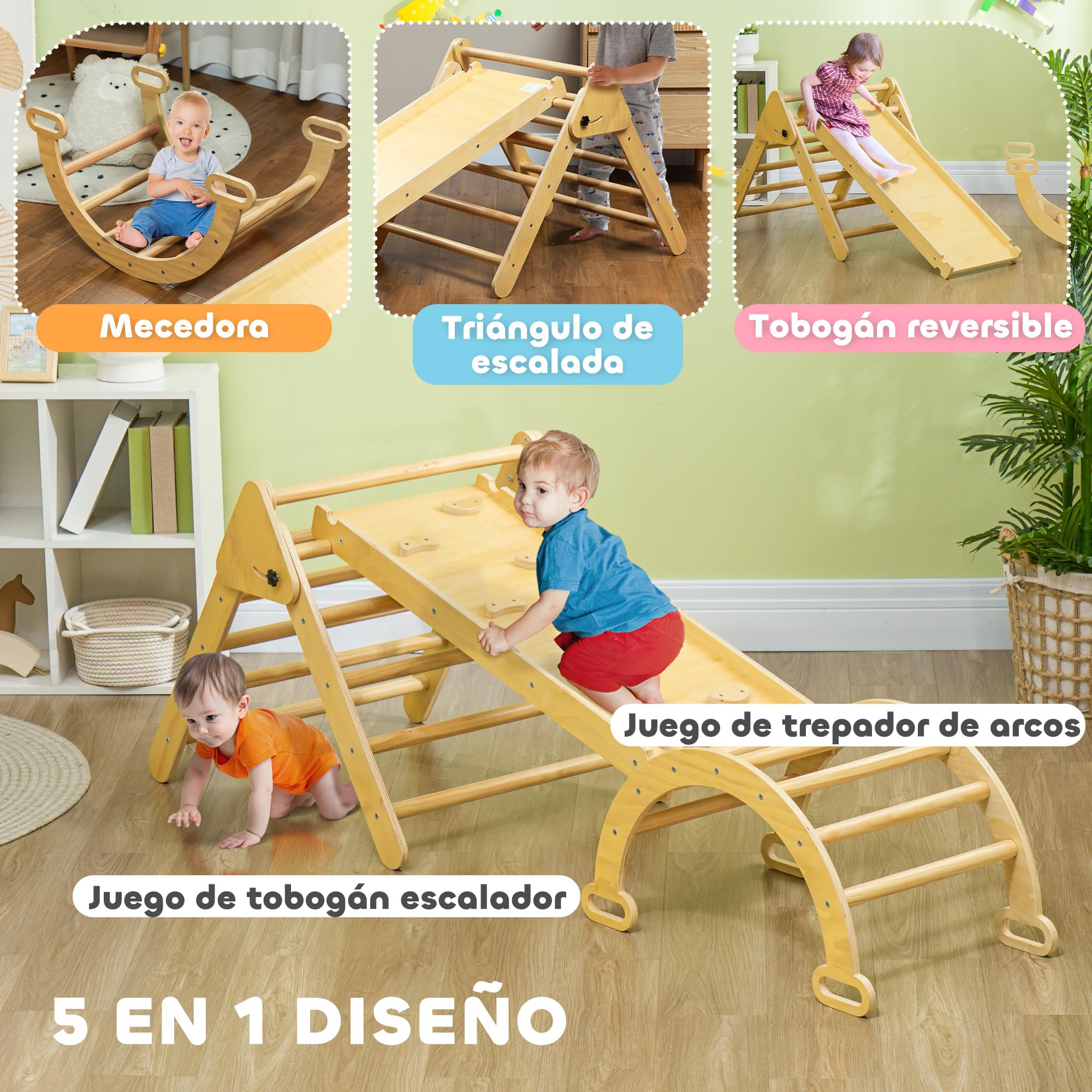 AIYAPLAY 5 en 1 Triángulo de Escalada Montessori con Arco y Rampa, Escalada para Niños de Madera Plegable, para 18-48 Meses, para Deslizarse o Escalar, 178x64,5 cm, Madera Natural