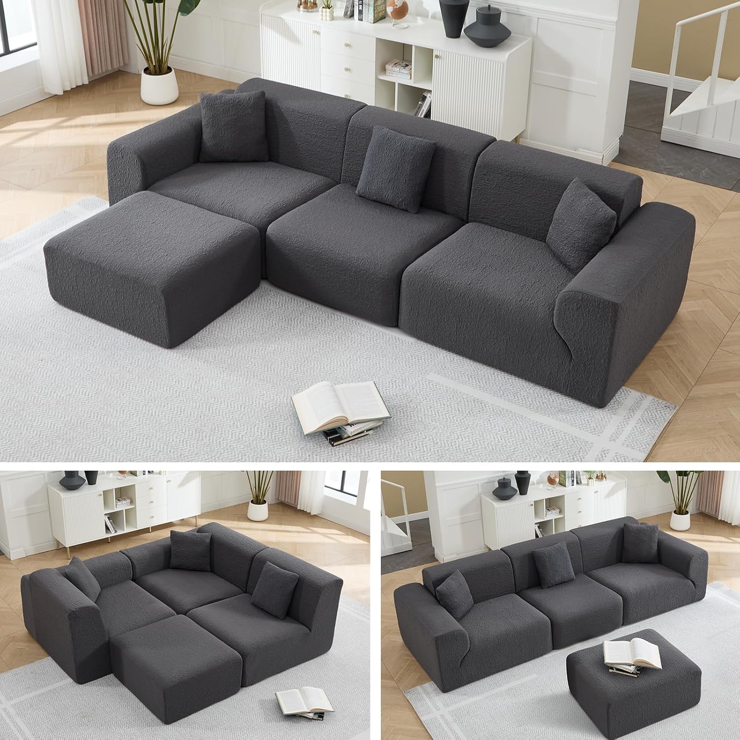 ANJ 47.2" Oversized Accent Chair，Textured Fabric Armchair with Wide Armrests, Boneless All-Foam，Comfy Deep-Seat Single Sofa Chair for Living Room ， Bedroom，No Assembly Required, Light Gray