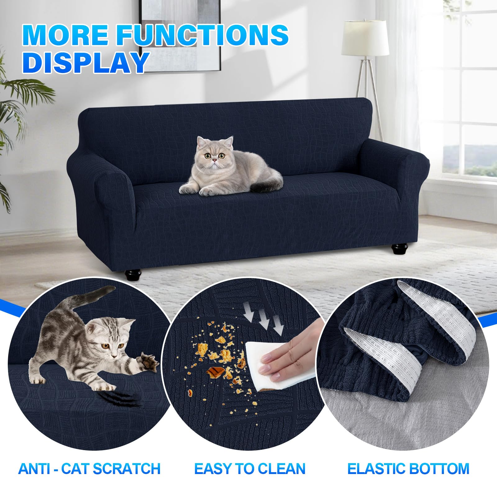 Ystyle Stretch Sofa Überzug 3 Sitzer, Wasserabweisend Elastisch Couch Bezug Mit Armlehnen, Universal Sofaschoner rutschfest für Hunde Katzen und Haustiere, Waschbare Sofa Cover, Dunkelblau