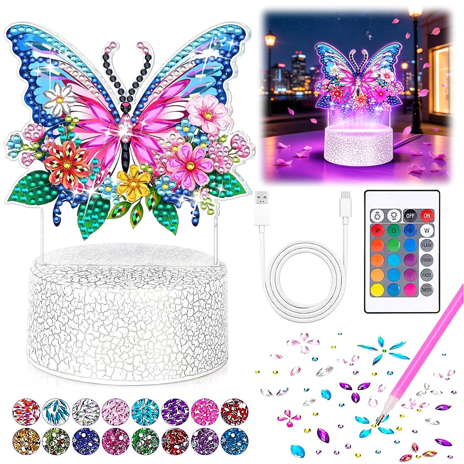 Gifts for 5-12 Year Old Girls, Butterfly Night Light Diamond Art and Craft