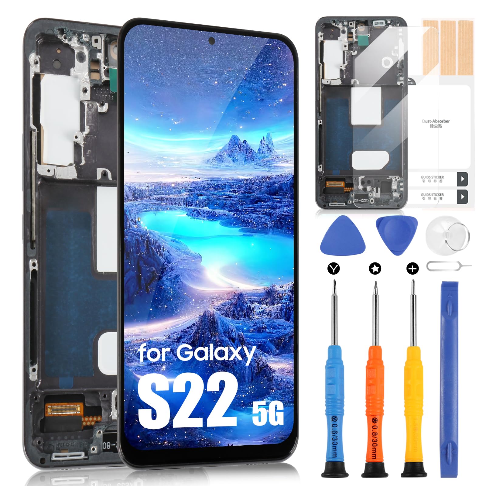 LCD Bildschirm für Samsung Galaxy S22 5G LCD Display für Galaxy S22 5G SM-S901U SM-S901U1 TFT 6,1 Zoll Bildschirm Assembly mit Werkzeugen, (Schwarz Mit Rahmen, Ohne Fingerprint Unlocking)