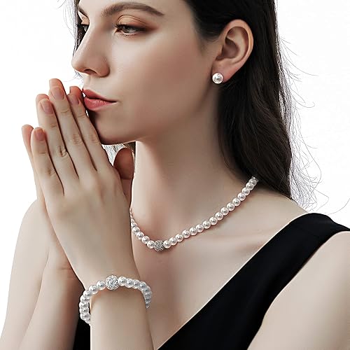 Miniatura 2 de Juego de collar y aretes de perlas sintéticas, joyería de boda nupcial para mujer, 3 piezas, Perla de imitación, Perla