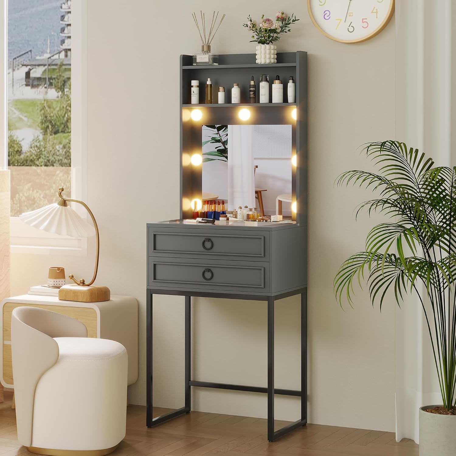 Amazon.com: LVSOMT Small Makeup Vanity with Glass Top, Grey Vanity Desk ...