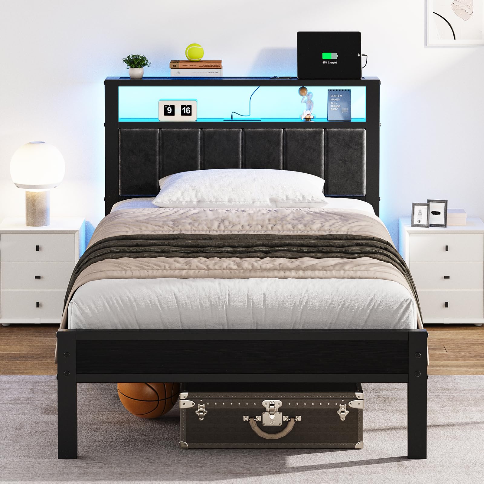 OLEVS Twin Bed Frame with LED & USB Outlets