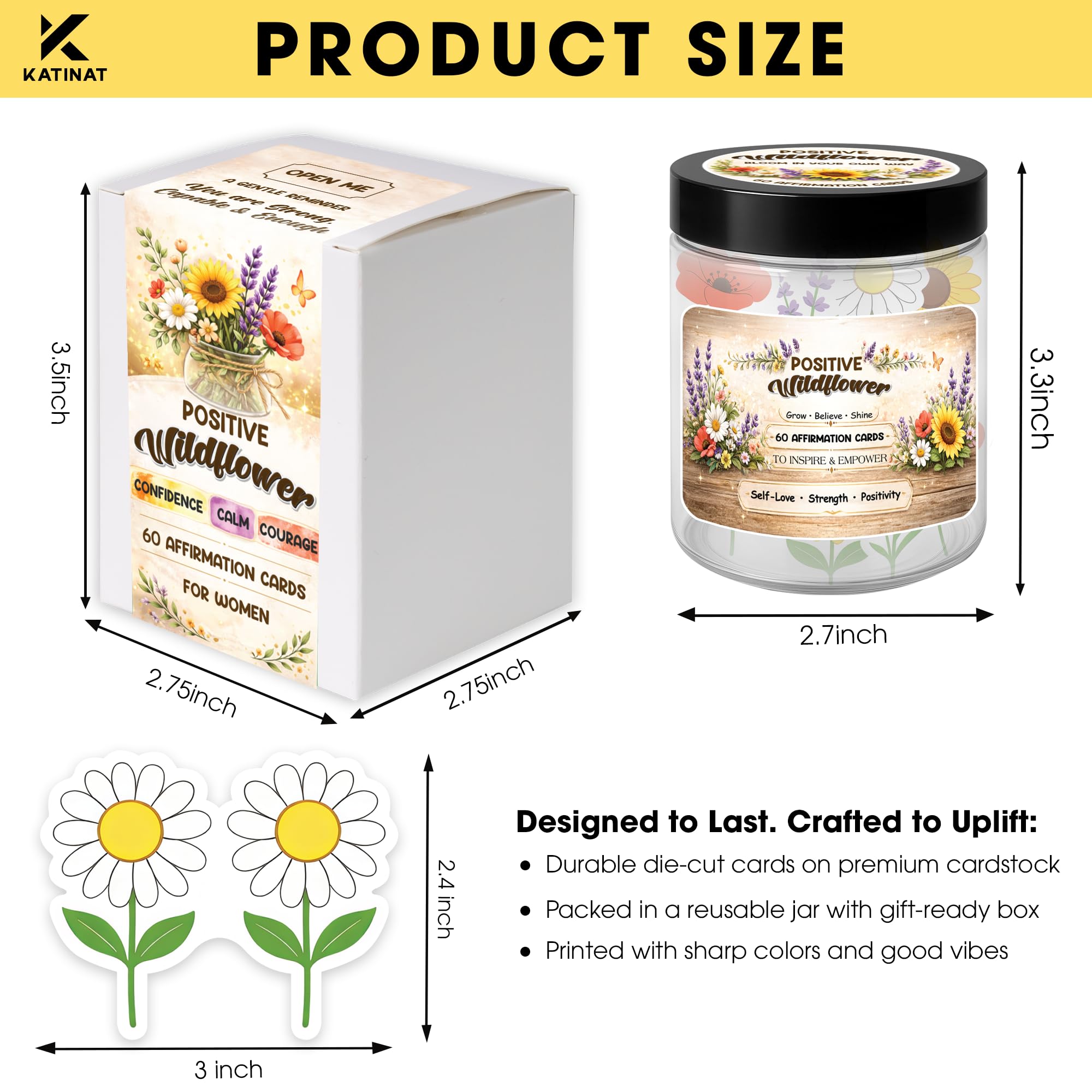 Birthday Gifts for Women, Positive Wildflower Affirmation Cards Jar – Sunflower Daisy Lavender Poppy Daily Affirmations, Encouragement Gift, Relaxation & Stress Relief Desk Decor