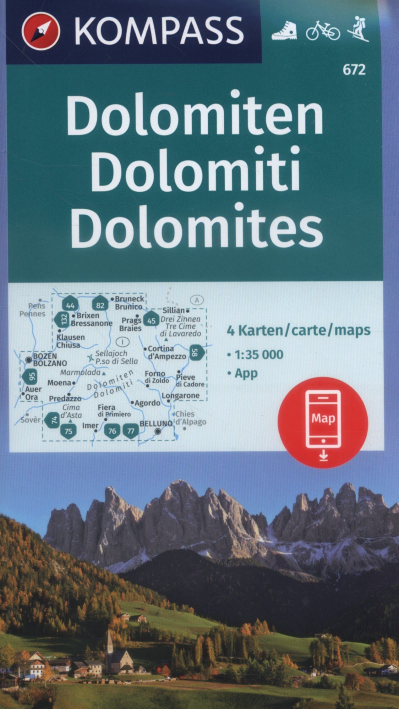 Dolomiten 4-K-Set D/E/I: 4 Wanderkarten 1:35000 im Set inklusive Karte zur offline Verwendung in der KOMPASS-App. Fahrradfahren. Skitouren. (German Edition)