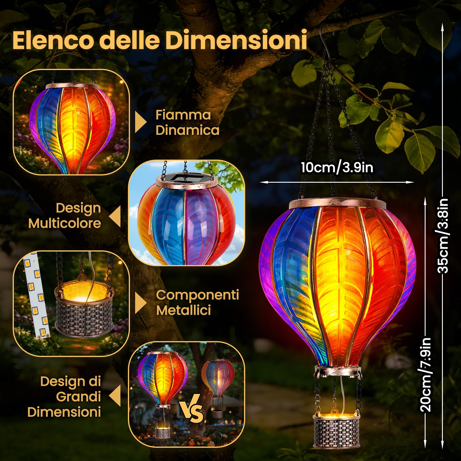 JONRRYIN 2PCS Lanterna Solare da Esterno, Extra Grande 46,5x13,8 cm Mongolfiera Solare, Luci Solari da Giardino con Effetto Fiamma da Appendere per Terrazza, Balcone e Giardino