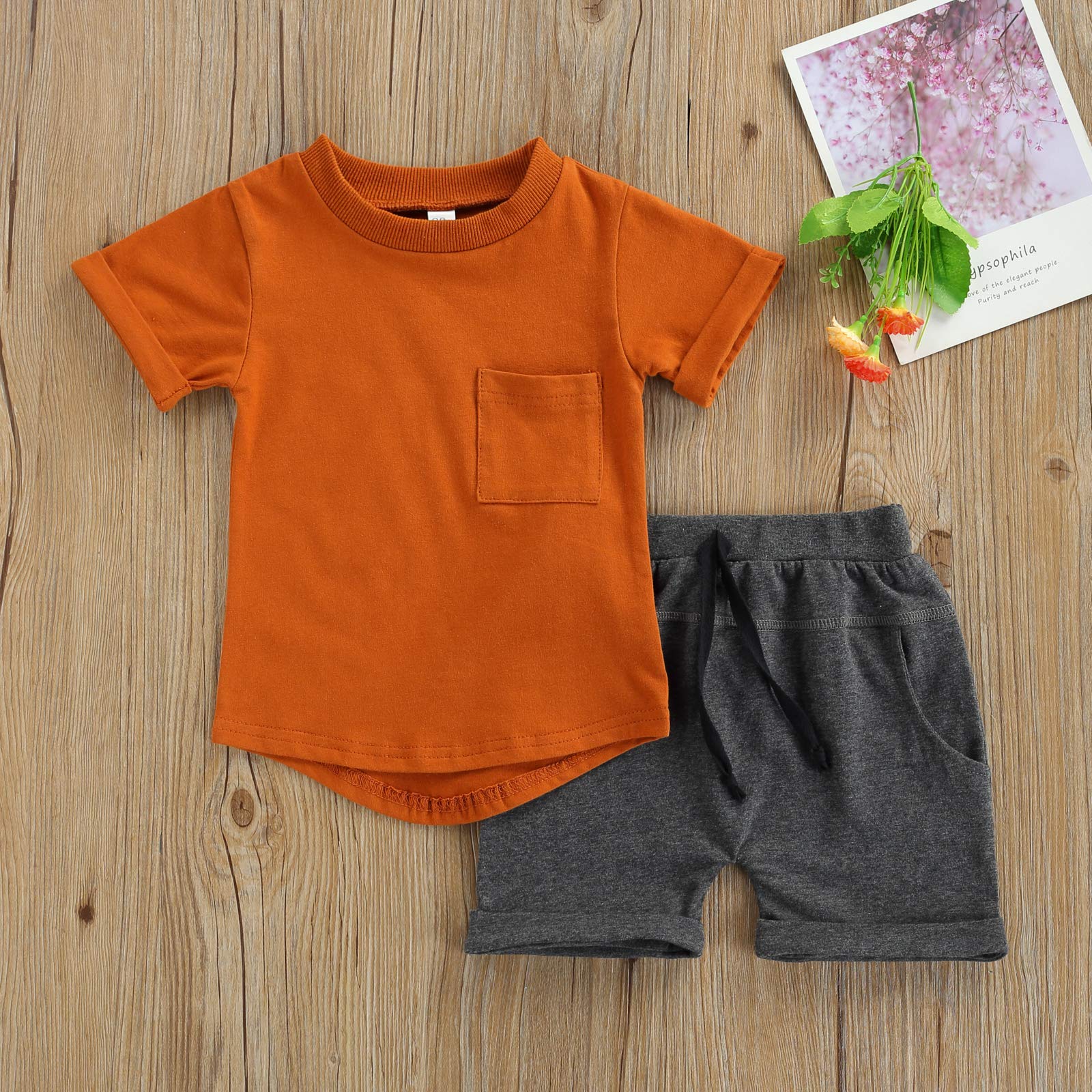 Muasaaluxi Infant Baby Boys Summer Shorts Set Short Sleeve T-shirt Pocket Top + Drawstring Shorts 2Pcs Summer Clothes Set (Khaki+Grey, 6-12M)