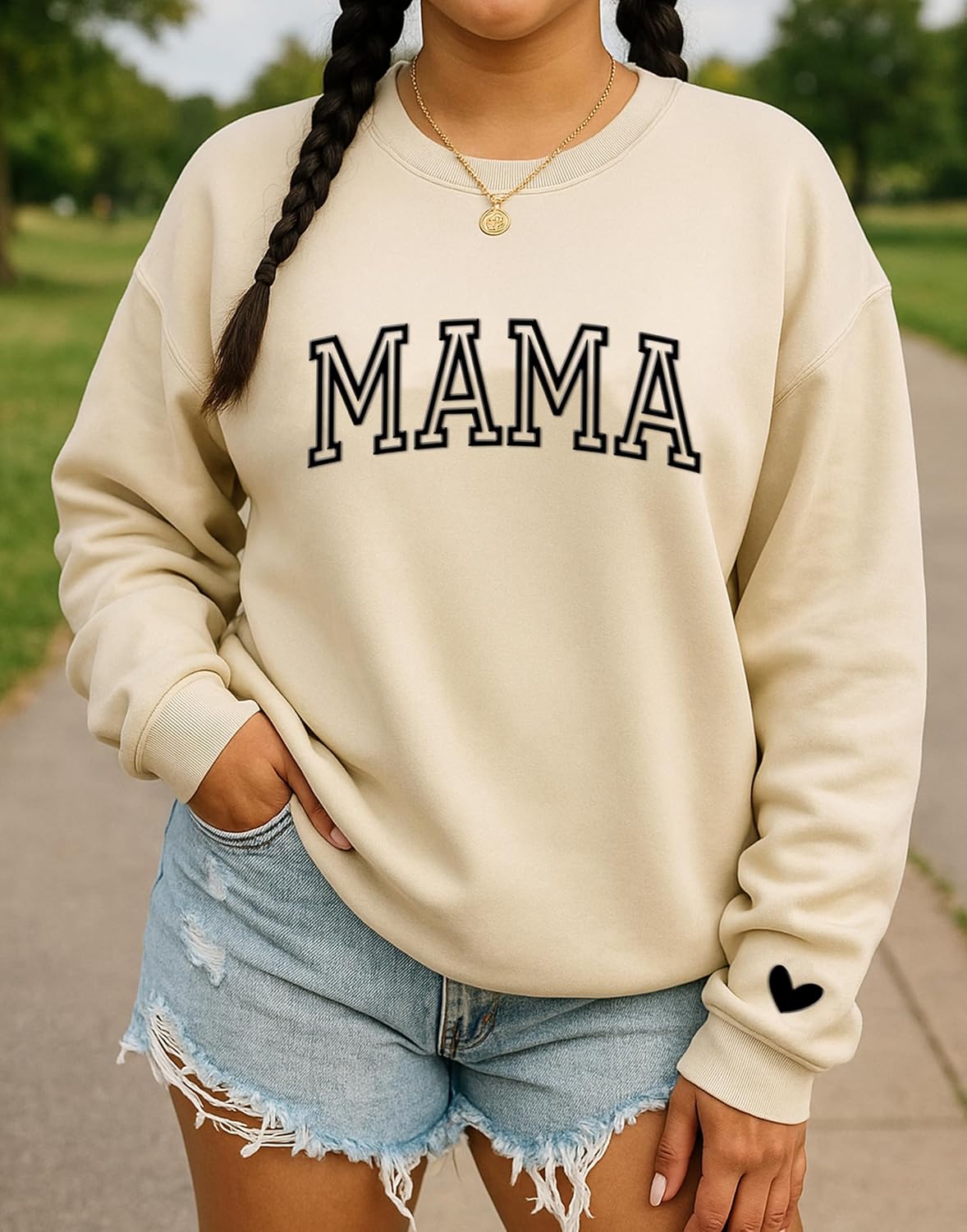 IZI POD Mama Sweatshirt, Mama Sweatshirt with Heart on Sleever, Gift for Mama, Mom, Birthday, Mother Day, Christmas