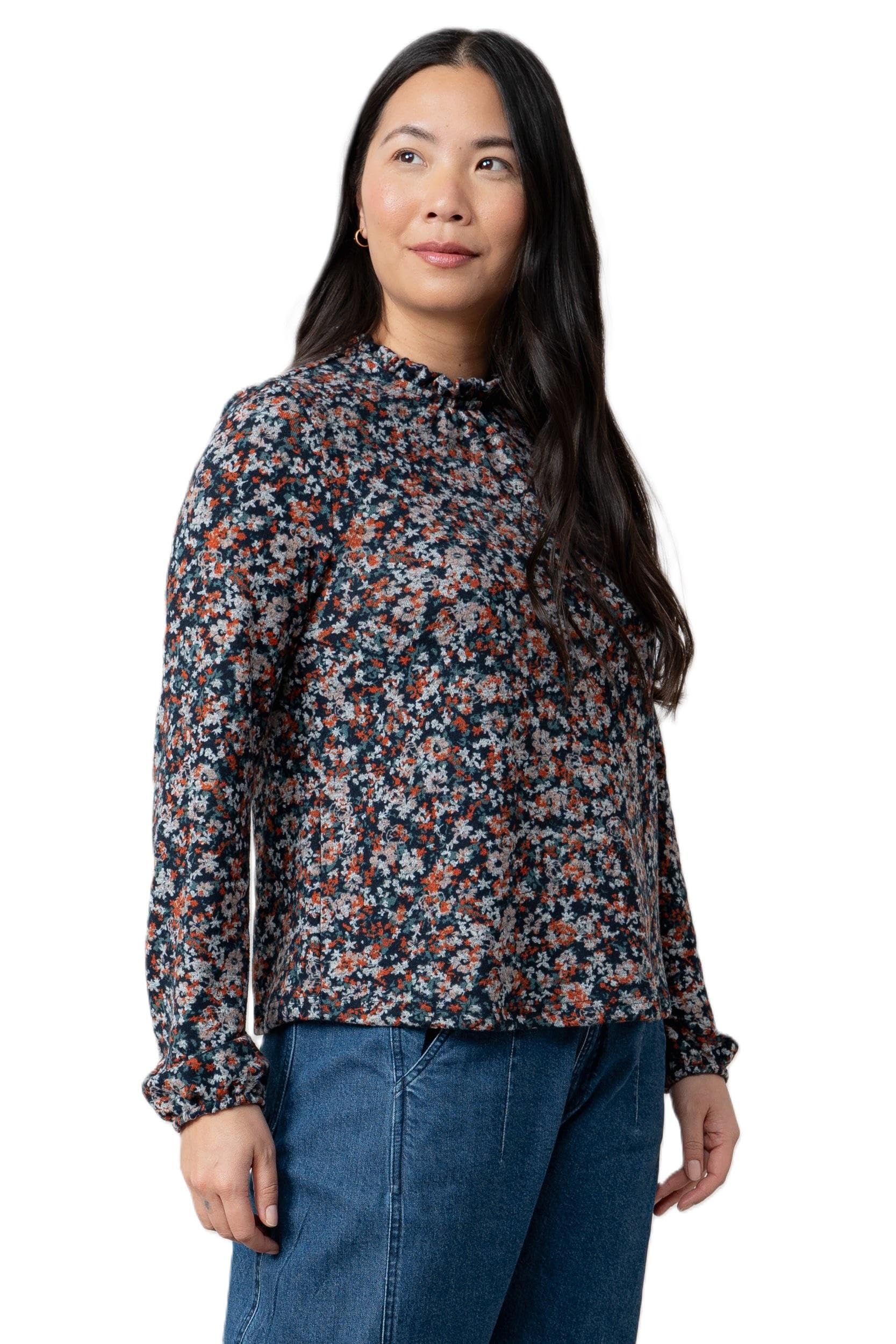 Lily & Me Eastcombe High Neck Floral Print Long Sleeve Top - Red - Polyester