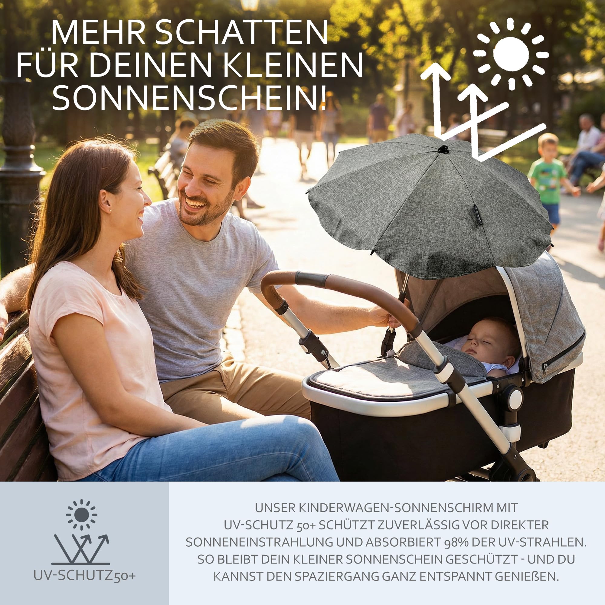 Sonnenschutz universal [Sonnenschirm für Kinderwagen] Buggy UV Schutz 50+ mit Universalhalterung biegsamer Schirm für Rund- und Ovalrohre verstellbar (meliert beige)