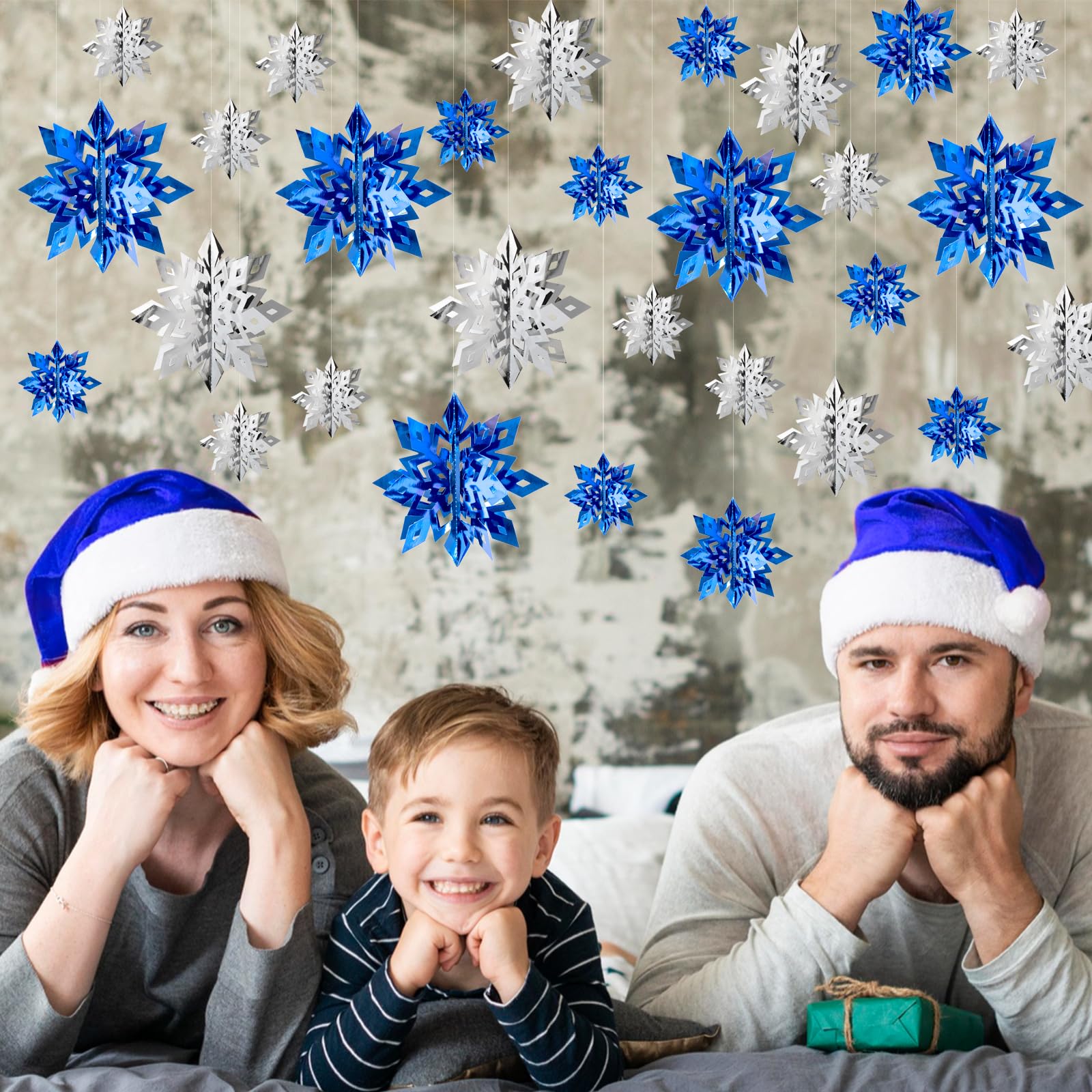 OuMuaMua Winter-Weihnachts-Schneeflocken-Dekorationen für den Innenbereich, 3D-Schneeflocken, silber-blaue Schneeflocken, Weihnachtsdekoration, hängende Ornamente für Zuhause, Weihnachten, Urlaub