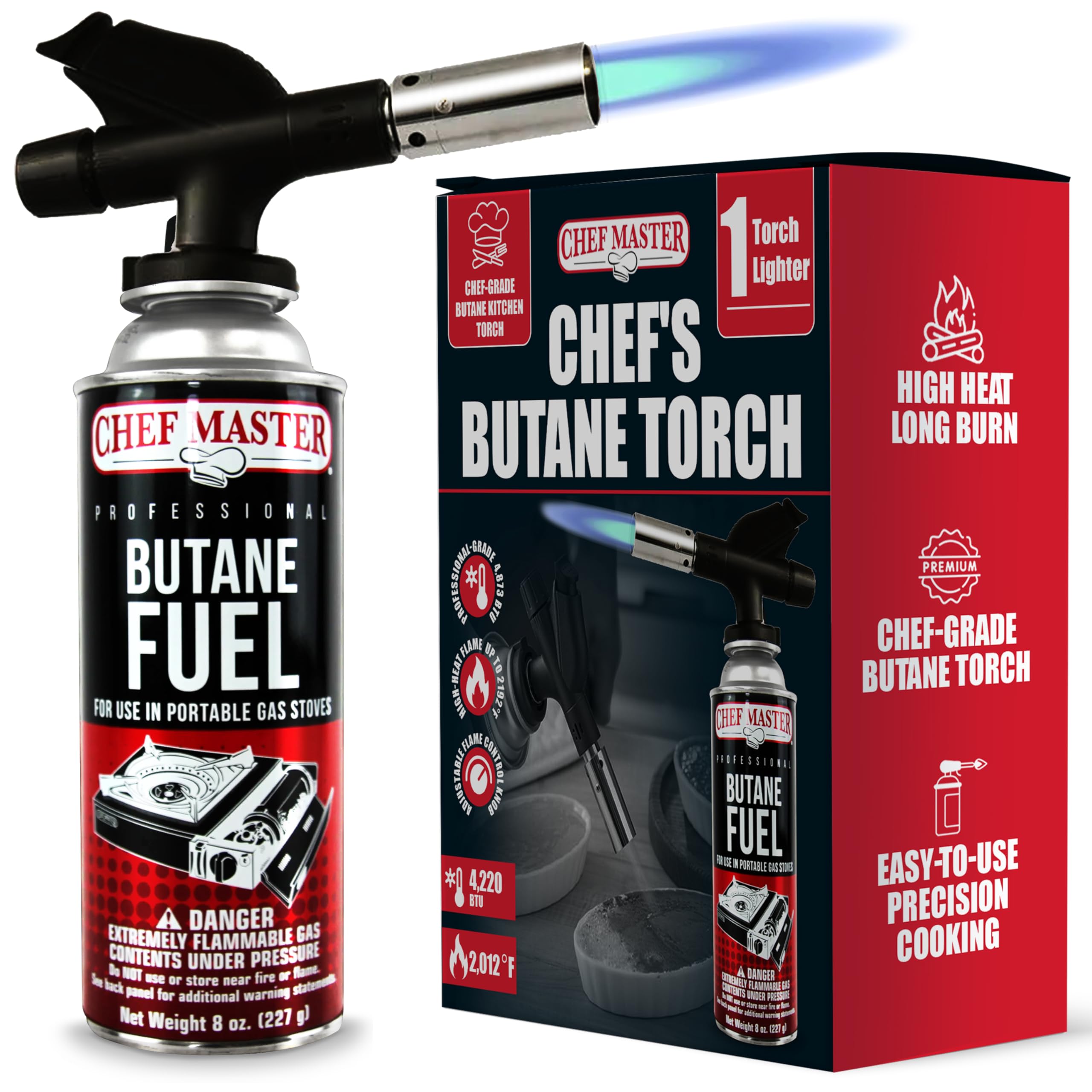 Chef's Torch, Kitchen Torch, Cooking Torch, Refillable Butane Torch Lighter w/ Adjustable Flame for Searing Steaks, Creme Brulee, Desserts, BBQ, Baking, Craft by Chef Master 90014(Butane Not Included)