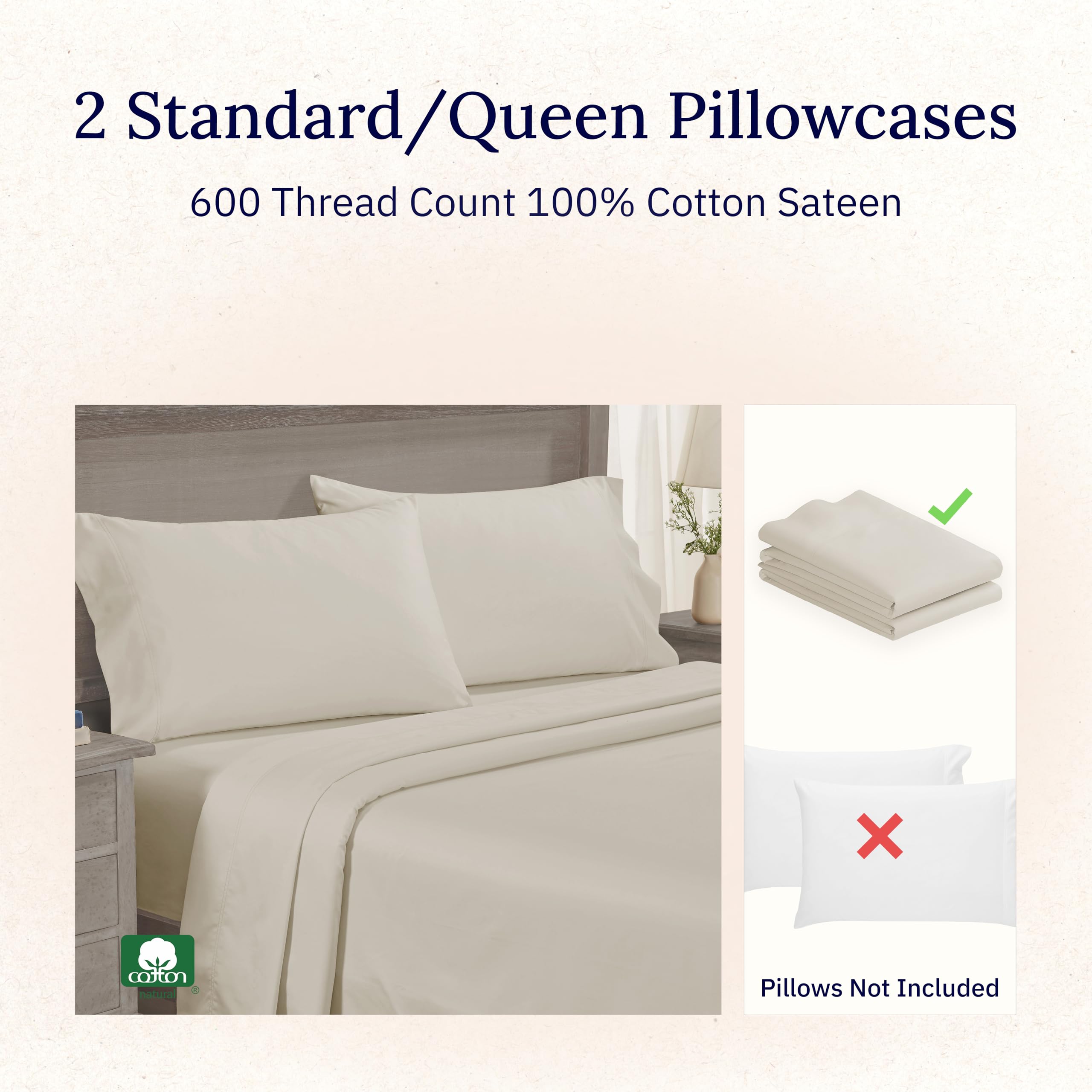 California Design Den Luxuriously Soft Hotel Quality 600 Thread Count, 100% Cotton Set of 2 Cases, Crisp & Cool Pillowcases Queen Size Set of 2 Fits Standard & Queen Pillows - Ivory (Warm Cream)