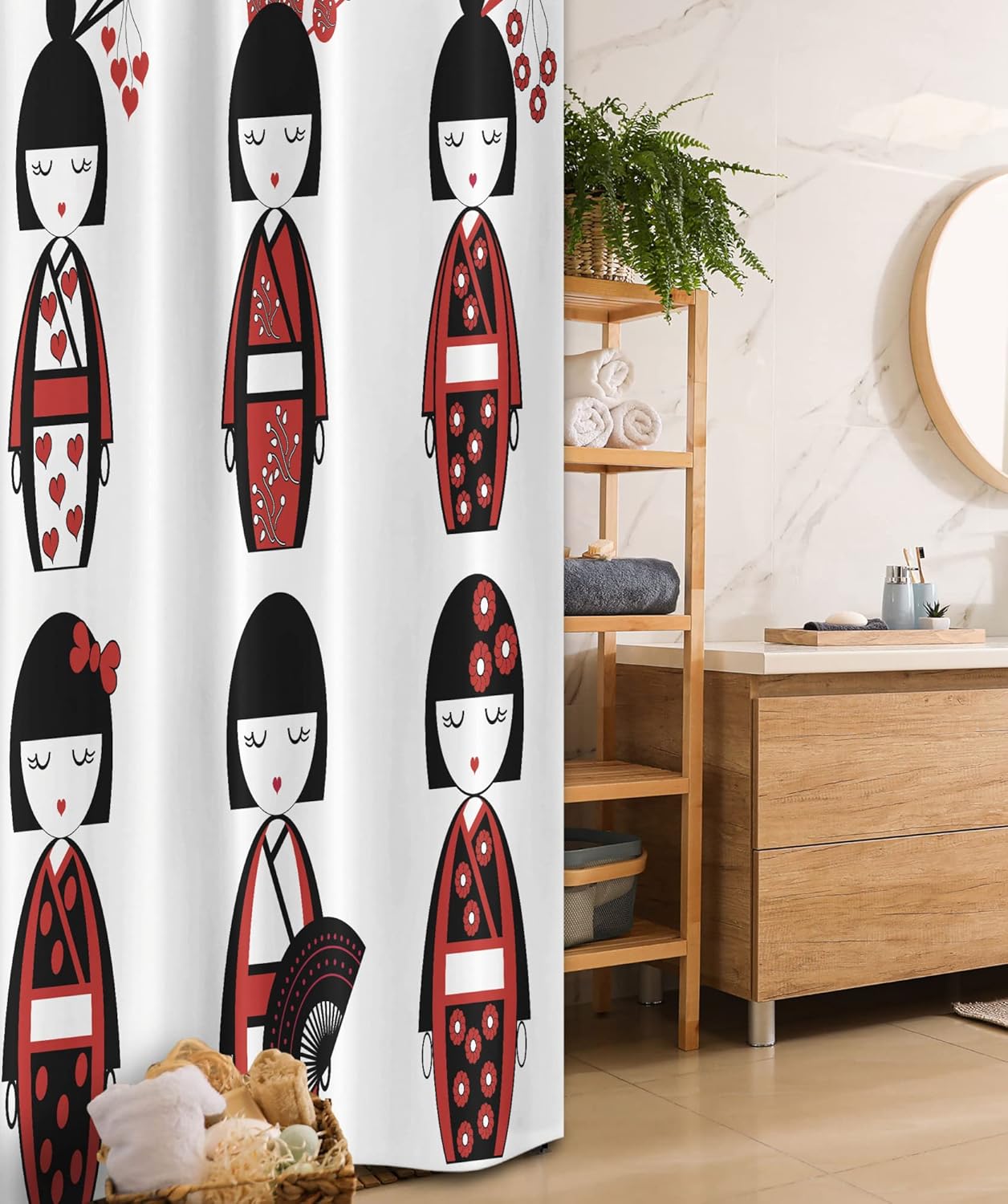 Ambesonne Ethnic Stall Shower Curtain, Unique Geisha Dolls in Folkloric Costumes Outfits Hair Sticks Kimono Art Image, Fabric Bathroom Decor Set with Hooks, 36" W x 72" L, Black Red