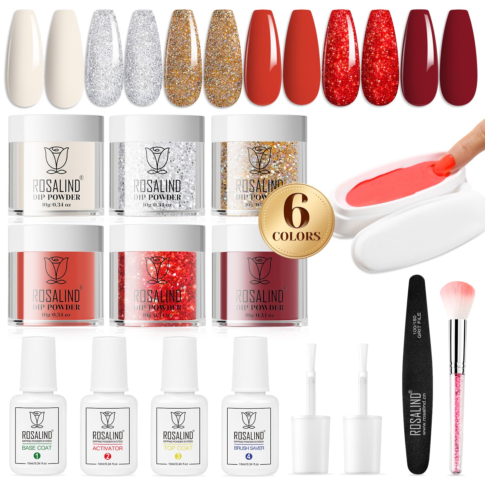 ROSALIND 6 Colors Dip Nails Powder Starter Kit, Red Glitter Nail Dip Powder Kit Gold Silver Sparkle Colors Milkly White Dip Powder Nail Kit with Base Top Coat Activator Brush Saver Gift for Women
