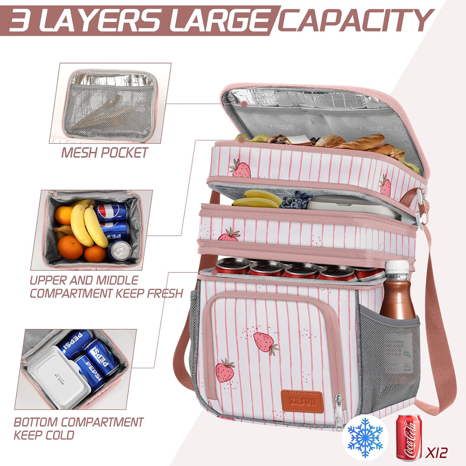 Insulated Lunch Bag for Women Men, Reusable 3 Layers Lunch Box Women, Expandable Reusable Water-resistant Lunch Box for Work Travel Office Picnic Hiking (Pink) - Image 2