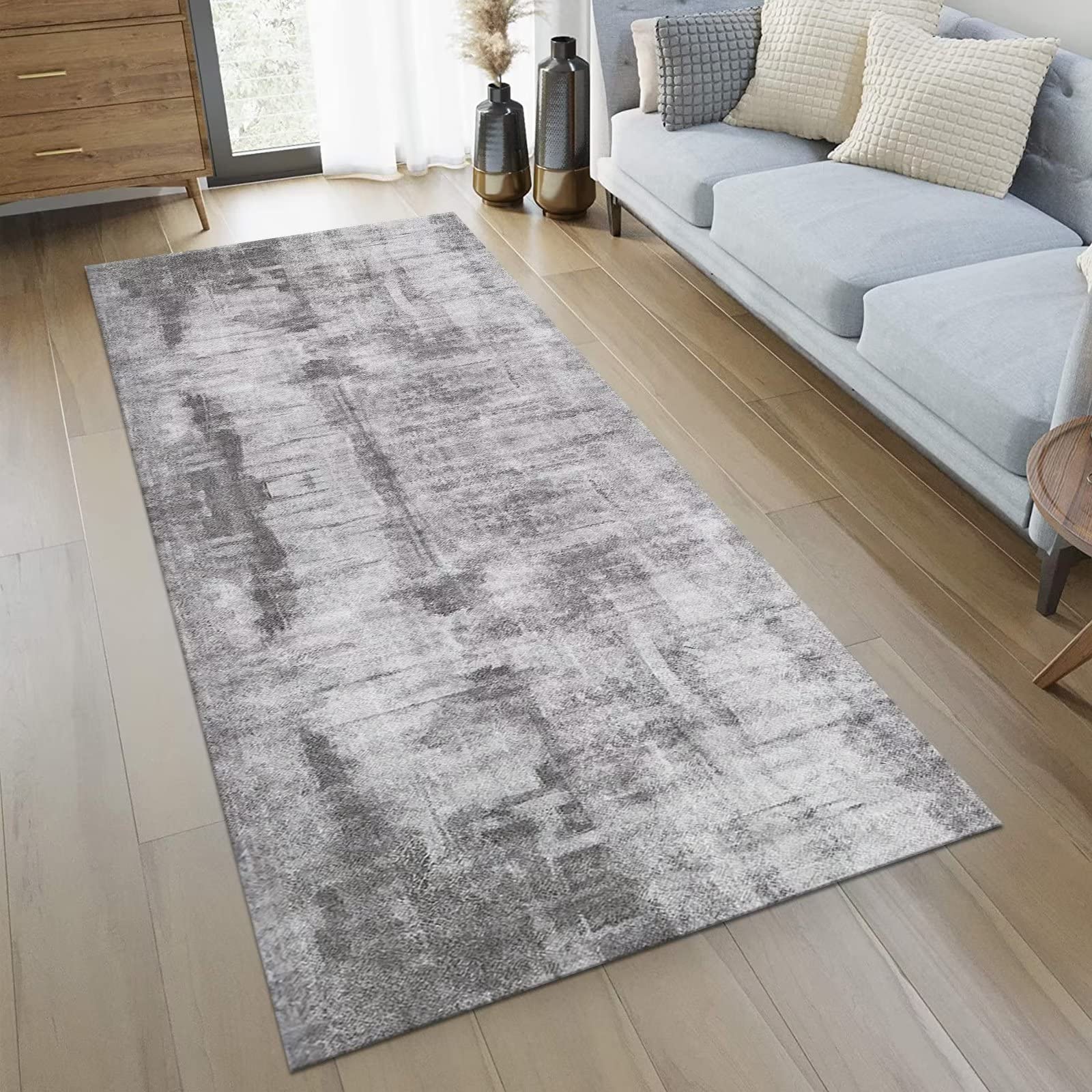 Antypoślizgowy szary dywan 90 x 400 cm - wewnętrzny dywan do przedpokoju, antypoślizgowa wycieraczka do salonu, sypialni i biura, abstrakcyjny design, mata podłogowa, szerokość 40-120 cm