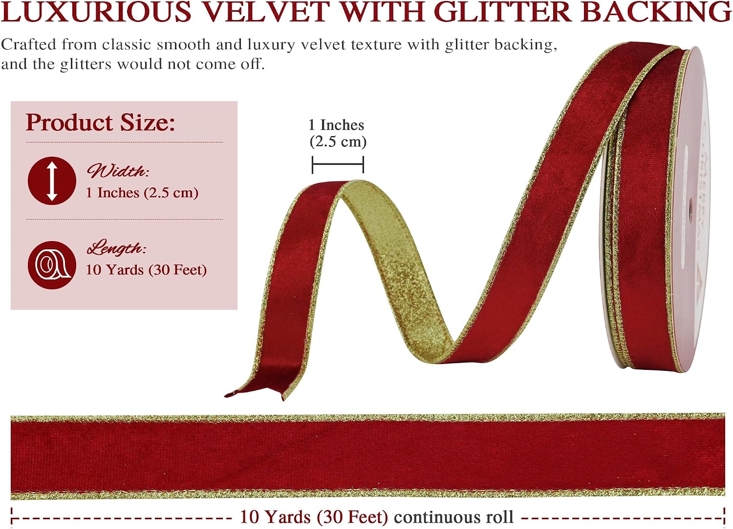 HUIHUANG 1 inch Red Velvet Christmas Wired Ribbon Continuous 20 Yards image 2