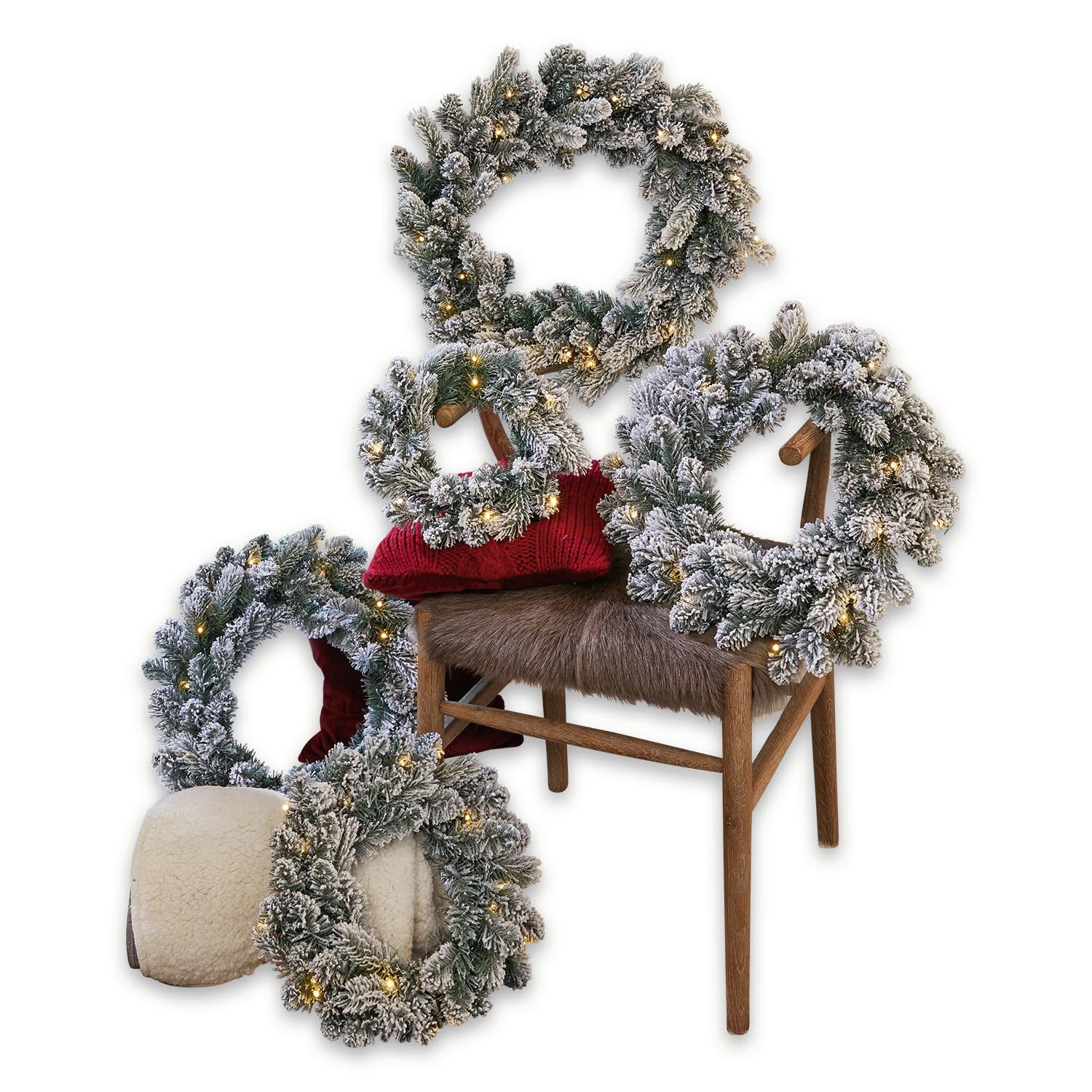 Loberon Kranz 5er Set Ellaria, unterschiedliche Größen, naturnahes Design, integrierte Lichterkette, festliches Wohnaccessoire, Weihnachtsdekoration, Weihnachten, Kunststoff, grün/weiß | unterschiedliche Größen - naturnahes Design - integrierte Lichterket
