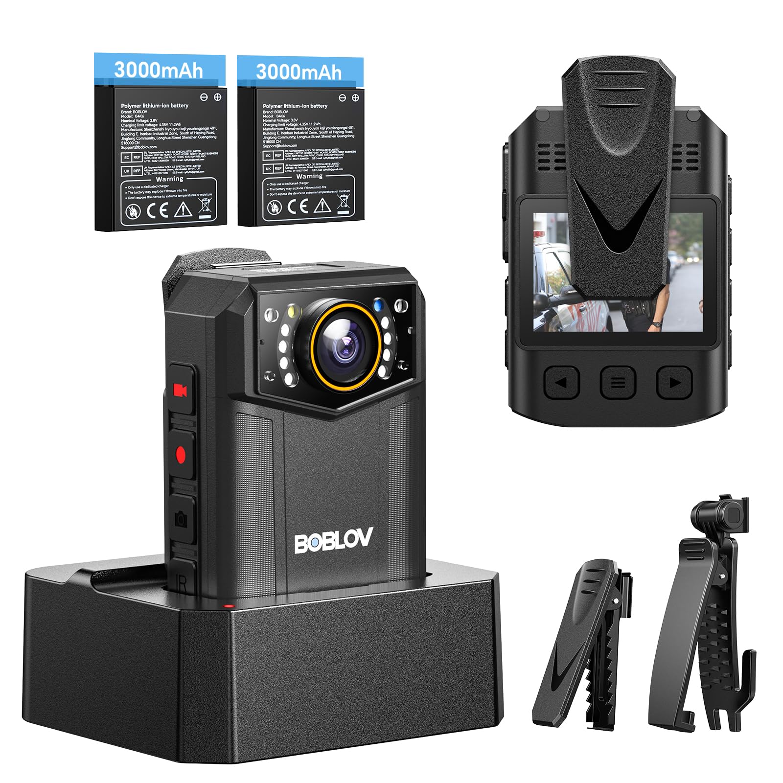 BOBLOV Body Camera 4K B4K6 with 2PCS 3000mAh Batteries, 128GB Body Cam with GPS Tracking, and Convenient Charging Dock – 8-10 Hours Recording for Law Enforcement, Outdoor Adventures