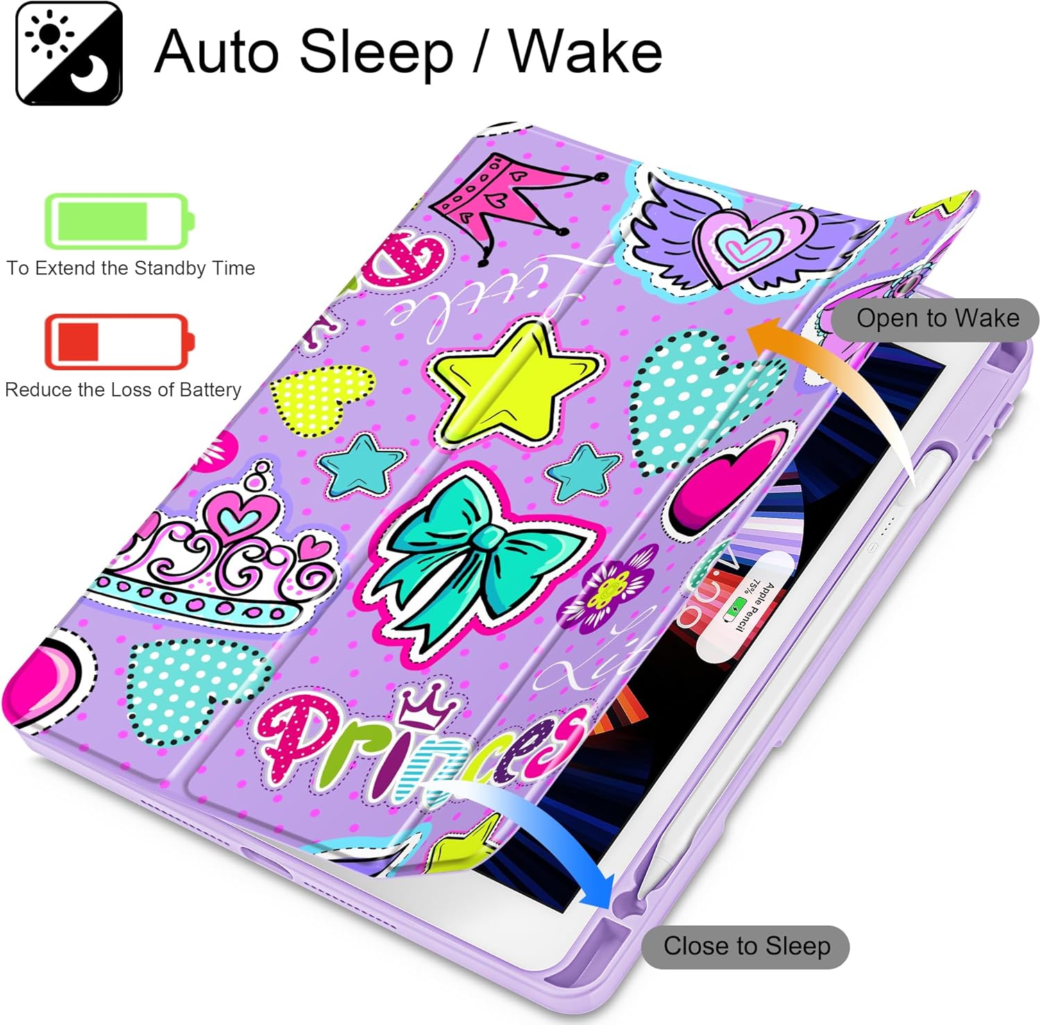 for iPad 9th Generation with Pencil Holder, iPad 8th/7th Gen Case 10.2-inch, [Built in Pencil Holder] Trifold Stand Auto Wake/Sleep Clear TPU Protection Back Cover, Girlis Pink Pattern - Image 3