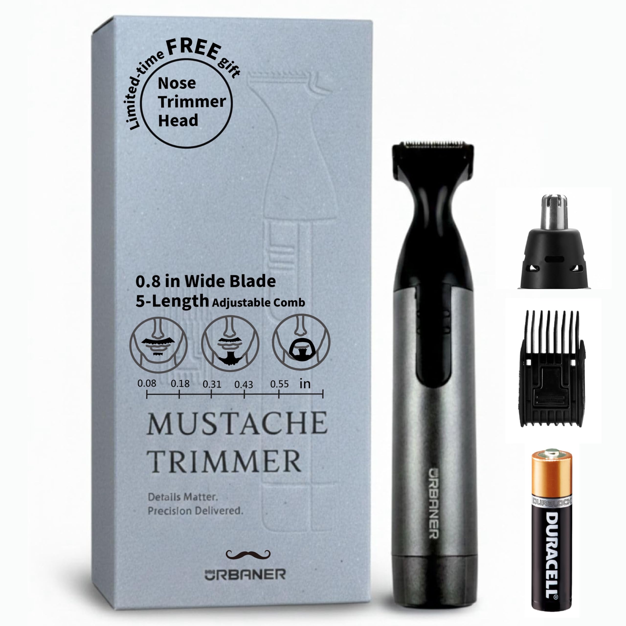 URBANER Mustache Trimmer with Extra Nose Ear Trimmer Head 0 8 Wide Blade IPX8 Waterproof Adjustable 0 08