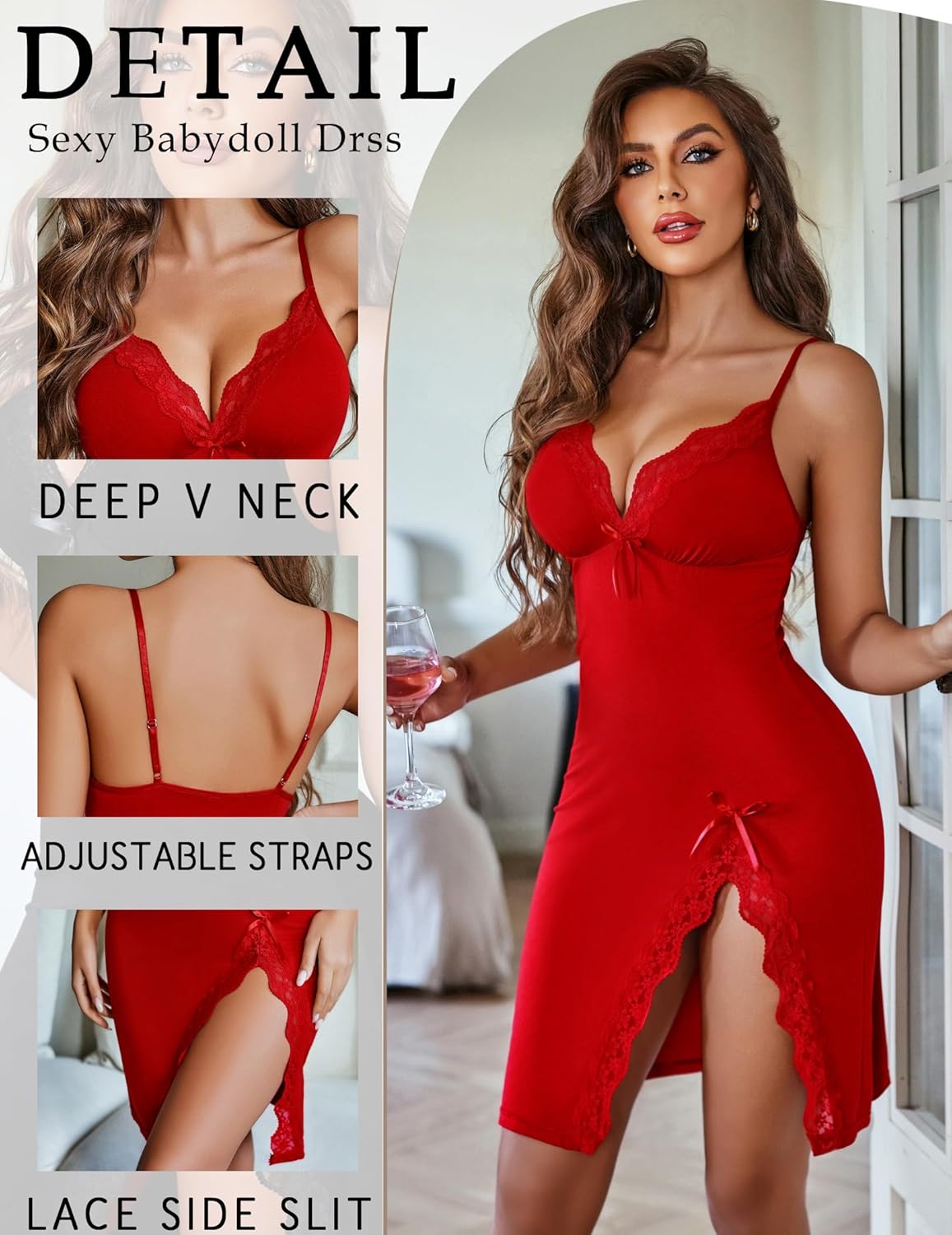 Avidlove Nightgowns for Women Side Slit Modal Strap Nightwear Lace Babydoll Chemise - Image 2