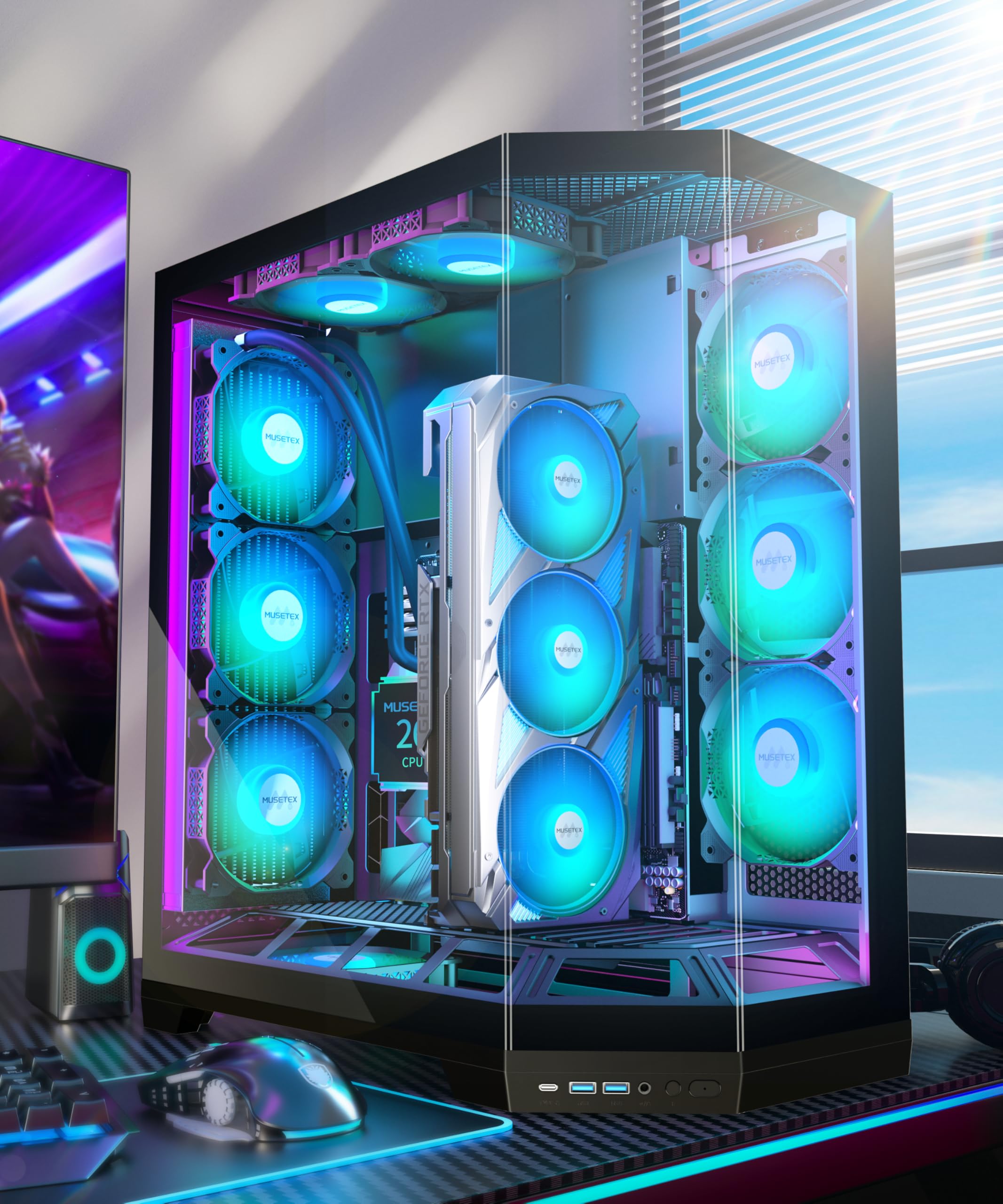 MUSETEX Torre Media ATX para PC Gaming, con Montaje Vertical para GPU, 5 Ventiladores ARGB PWM Preinstalados, Soporte para Radiador de 360 mm, Negro (GR3)