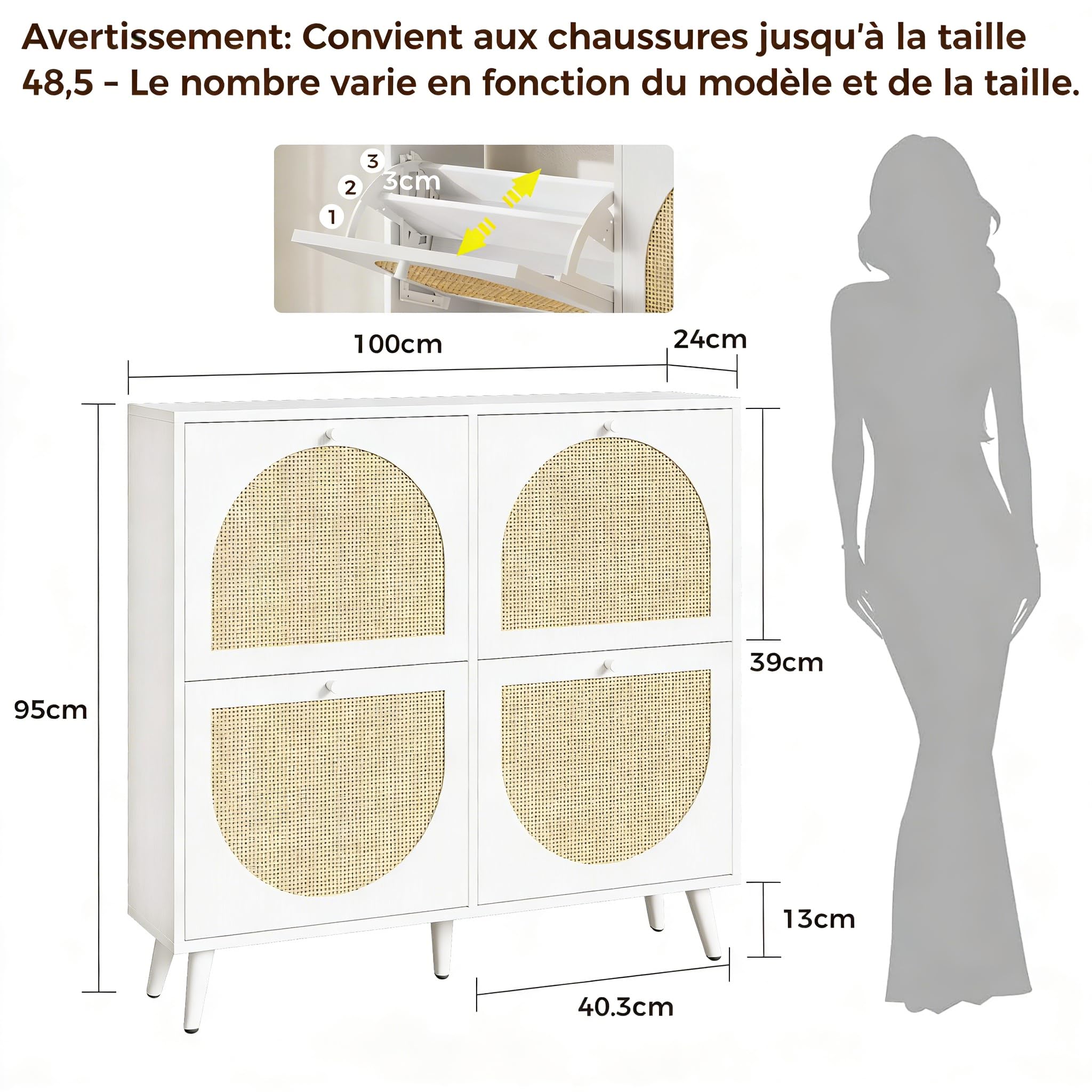 IRONCK Meuble à Chaussures en Cannage et Bois, 4 Portes Étroit avec Étagères Réglables, Rangement Chaussures pour Entrée, Couloir, Salon, 100x24x95 cm (Blanc)