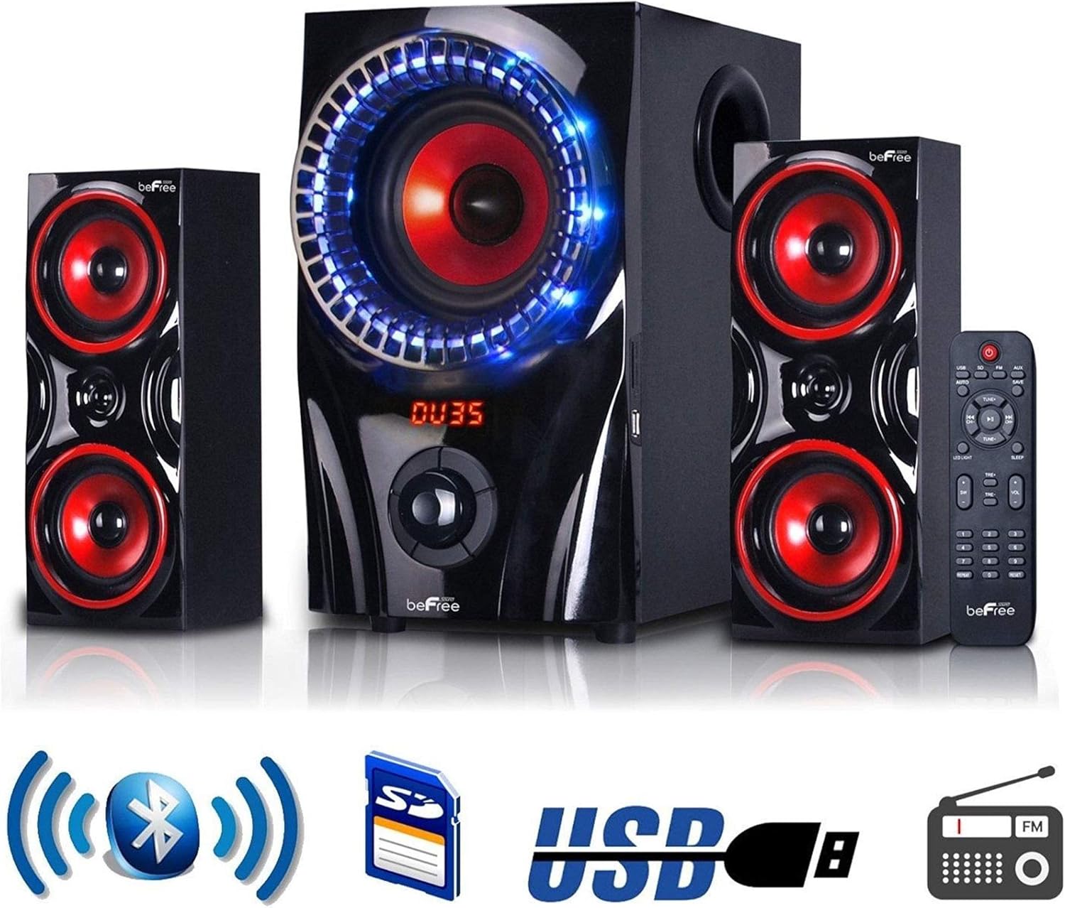 beFree Sound 2.1 Channel Bluetooth Surround Sound Speaker System with icons for Bluetooth, SD card, USB, and FM radio.