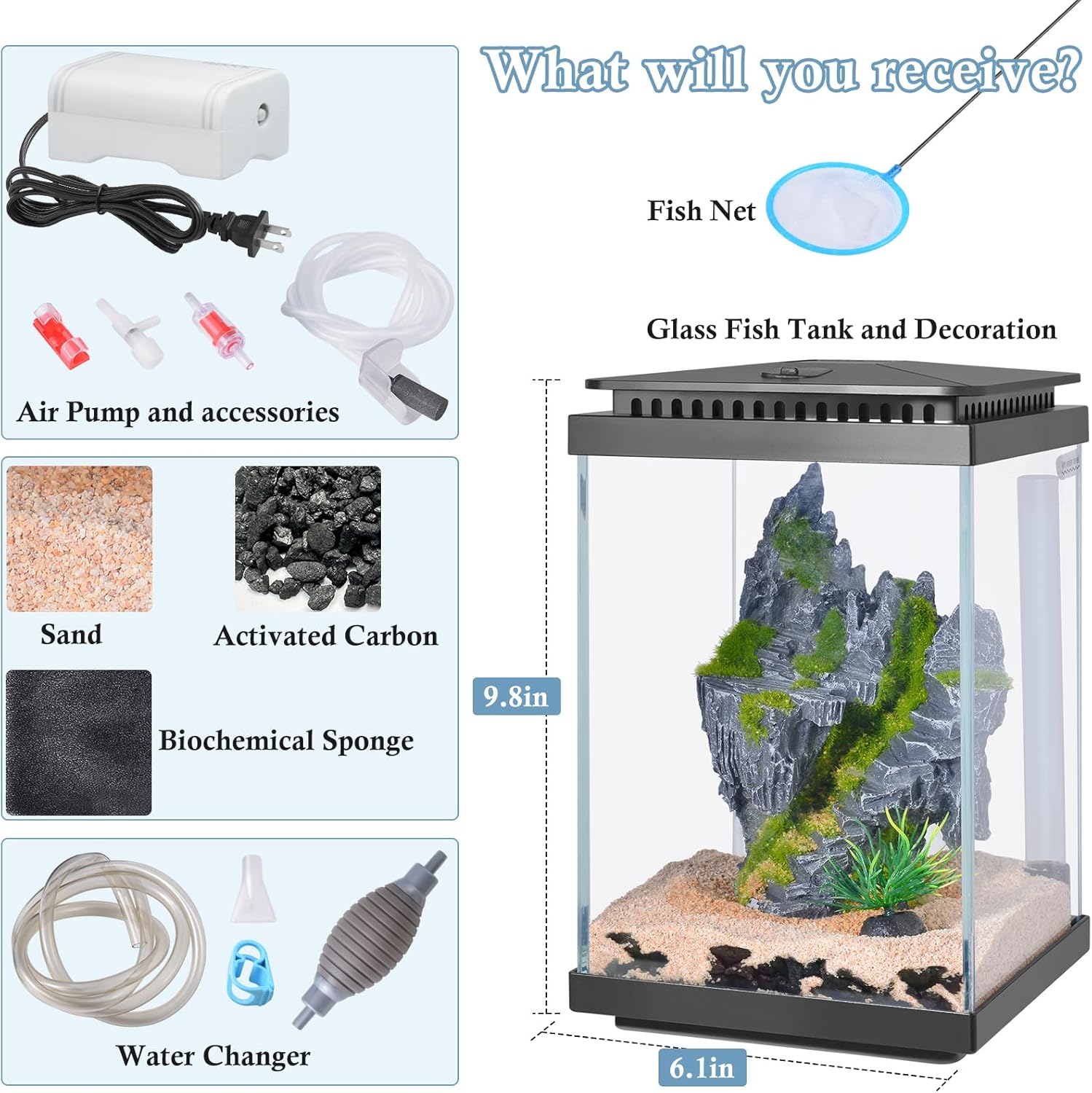 FEDOUR Small Glass Aquarium, 1 Gallon Desktop Fish Tank, Betta Fish Tank, Mini Aquarium Starter Kit with Air Pump LED Light Decoration Water Changer Fish Net (Black)