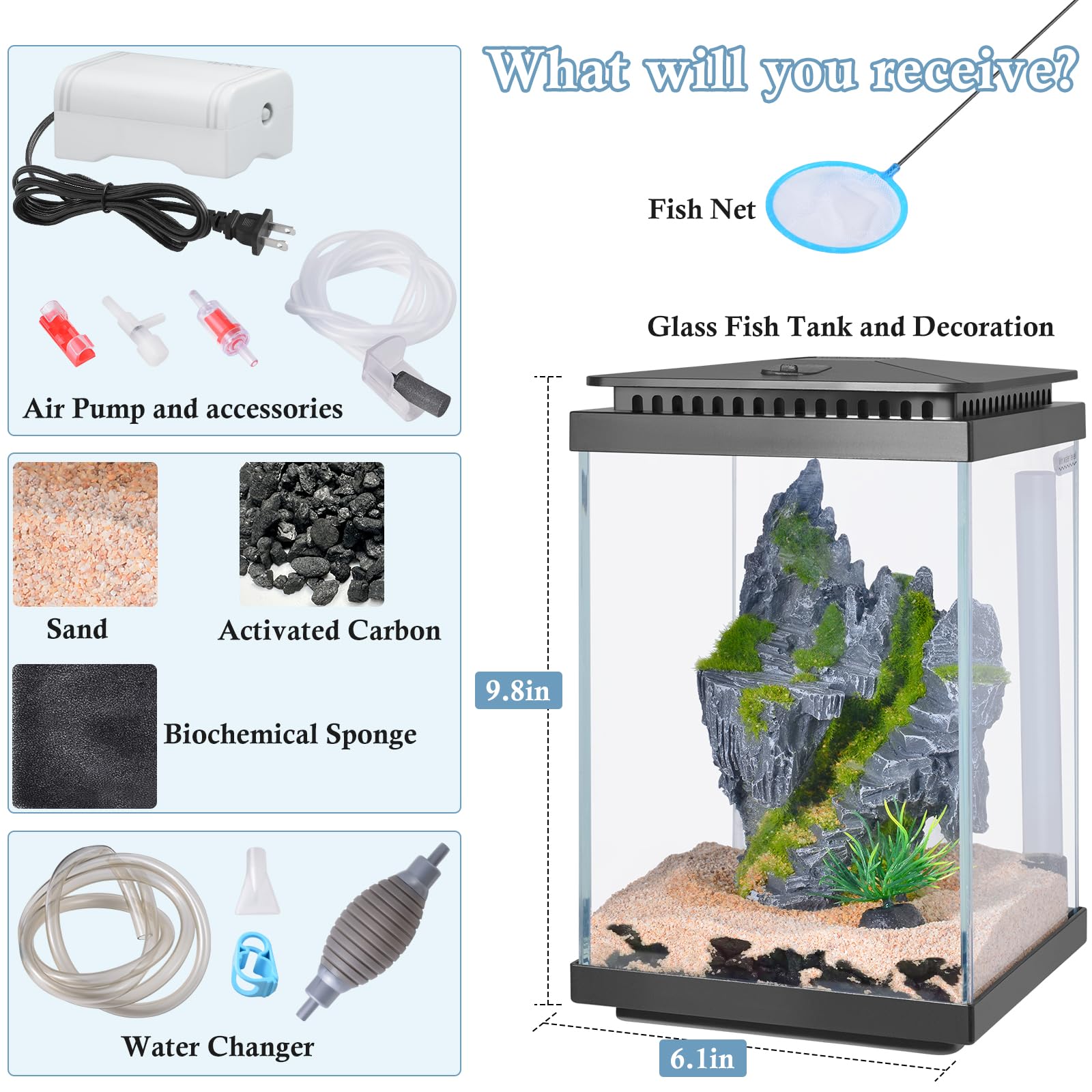 FEDOUR Petit aquarium en verre de 3,8 l, aquarium de bureau Betta, mini kit de démarrage avec pompe à air, lumière LED, changeur d'eau, filet de poisson (noir)