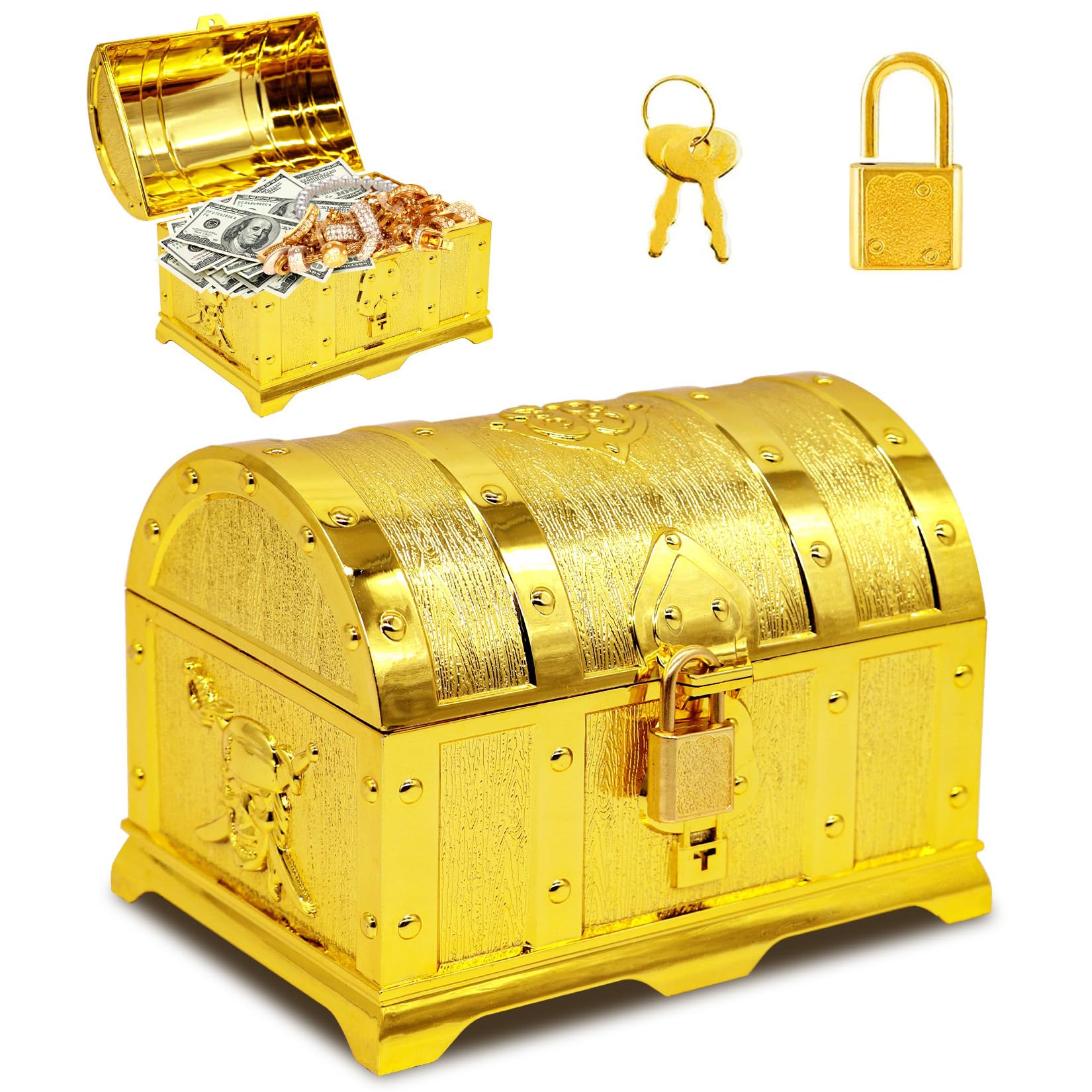 Herbst Coffre au trésor doré avec serrure à clé, coffre au trésor verrouillable avec couvercle pour fête à thème pirate, événements, petit coffre au trésor pour ranger la chasse à la scie, la