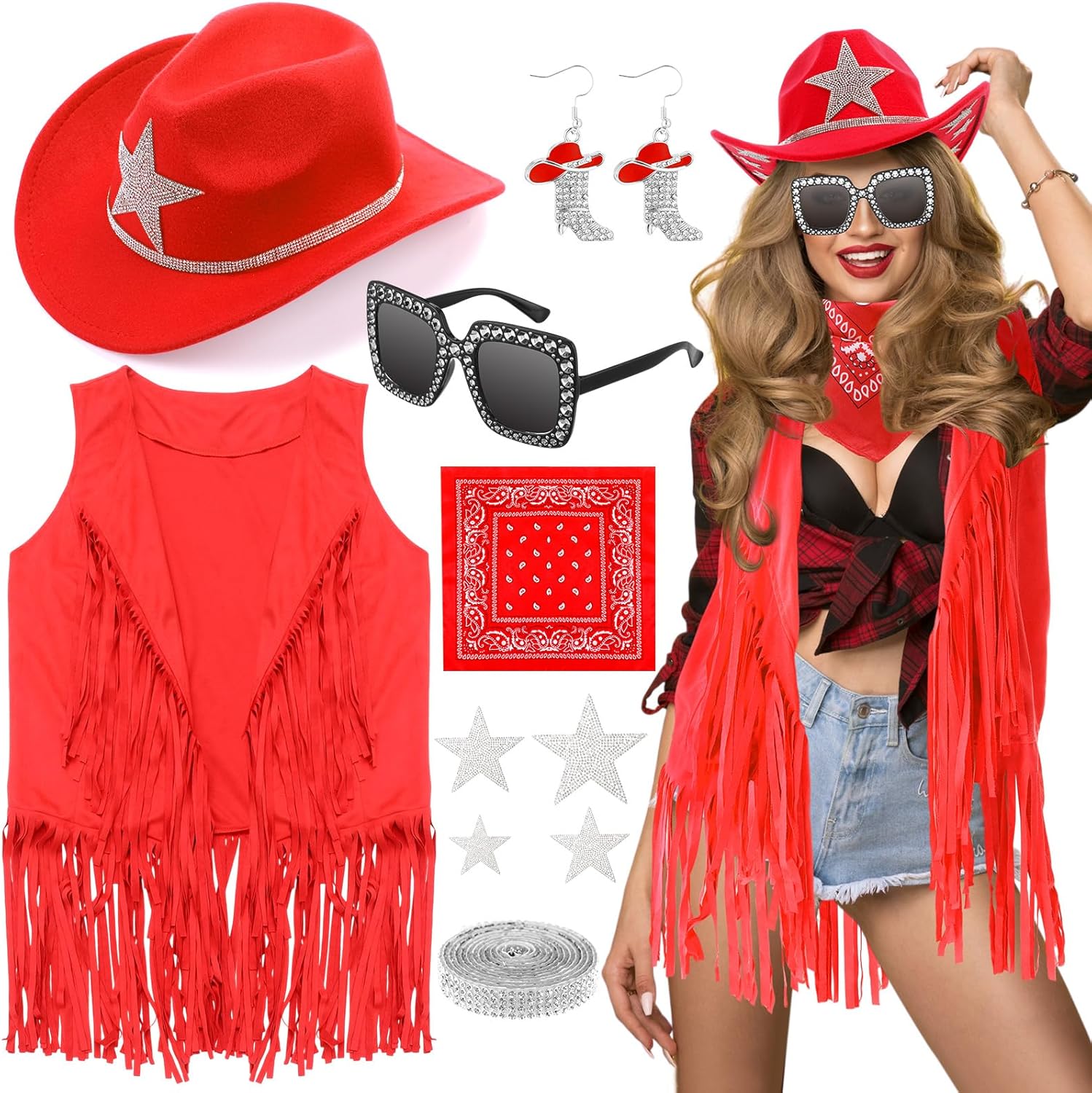Tiamon Western Costume Accessories for Women Cowgirl Tassels Fringe Vest Cowboy Hat Rhinestone Earrings Glasses Paisley