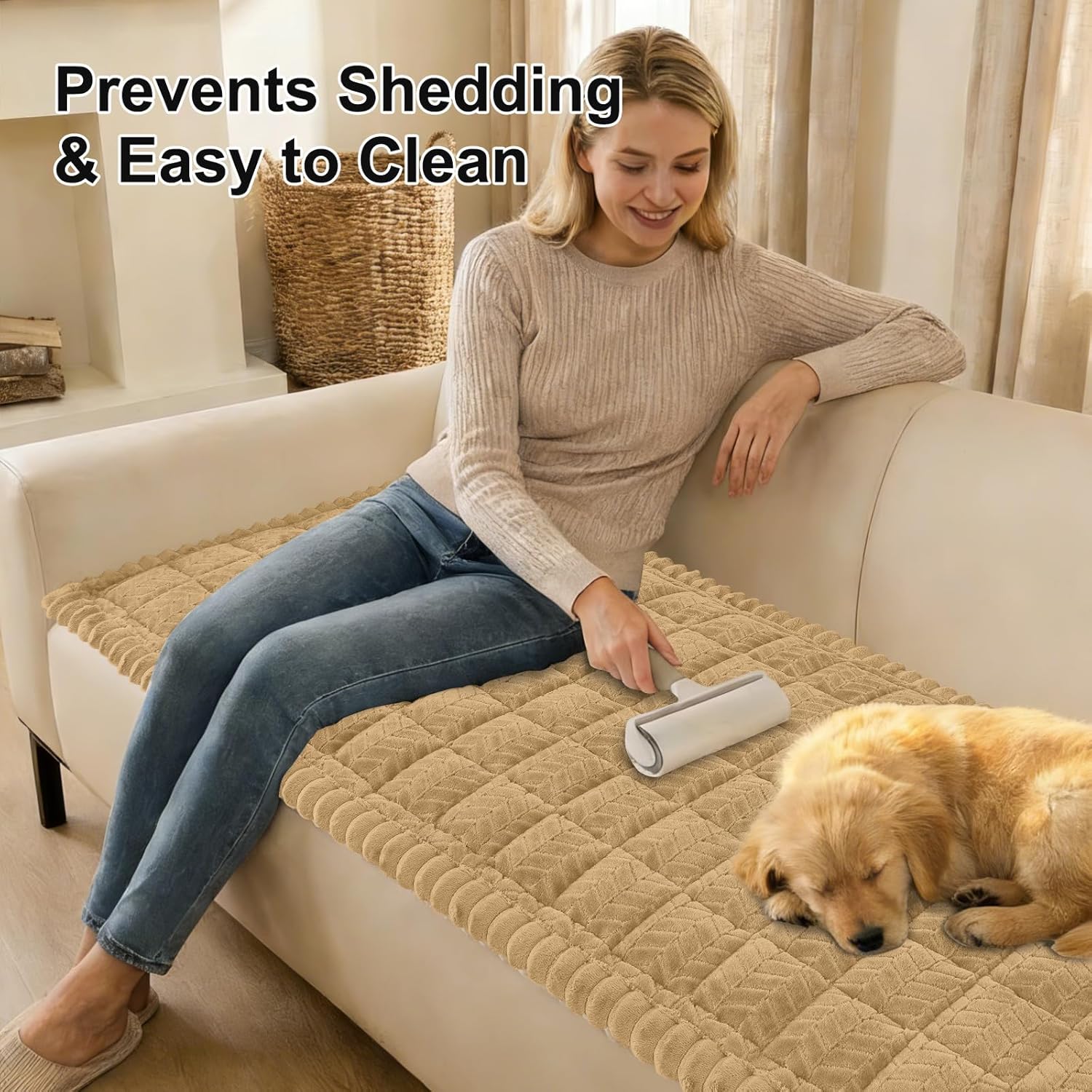 Smiry Non Slip Couch Covers for Dogs, Fuzzy Pet Couch Covers for 2-3 Cushion Sofa Pet Friendly, Soft Sofa Slipcovers Cushion Furniture Protector Washable (Camel, 27.6" x 59")