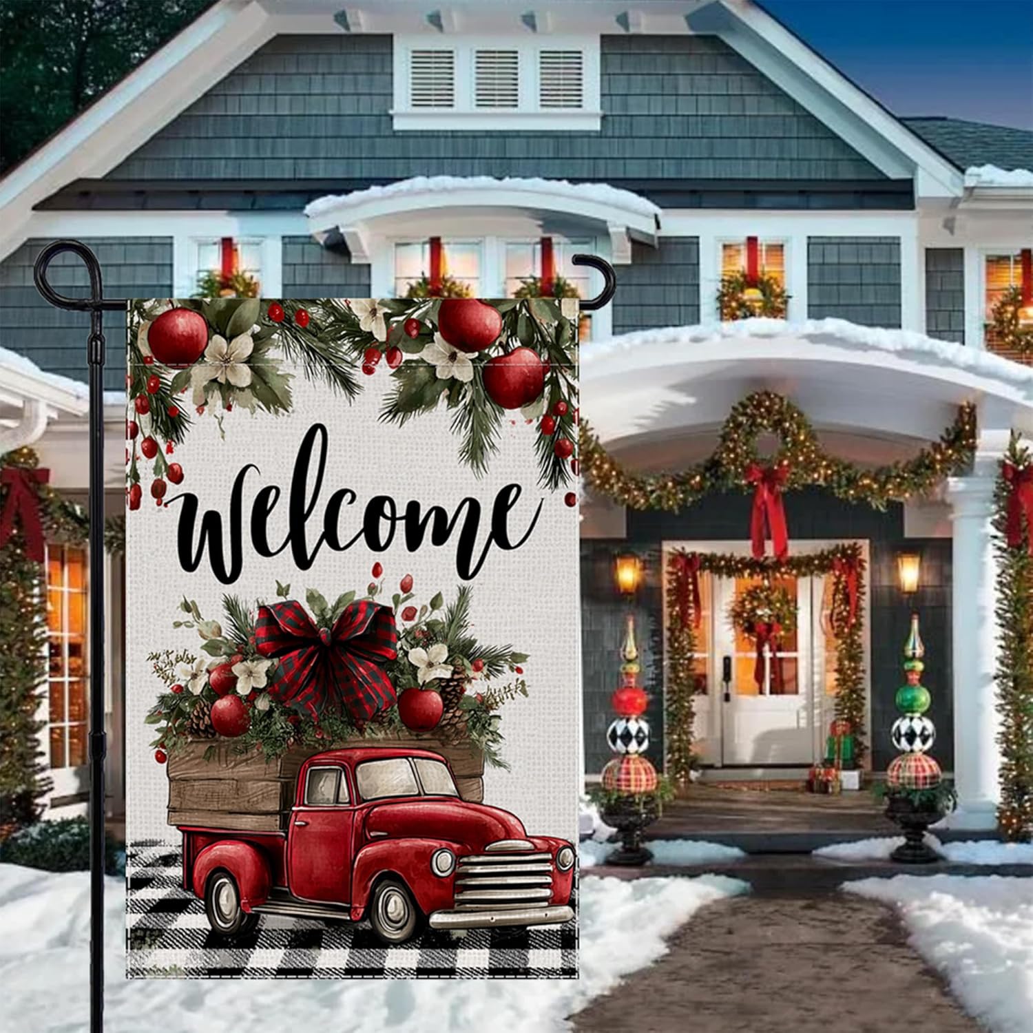 Christmas Garden Flag Truck Welcome Winter Small Flags for Outside, 12x18 Inch Buffalo Plaid Apple Double Sided Burlap Banner Holiday Outdoor Yard Decoration - Image 5